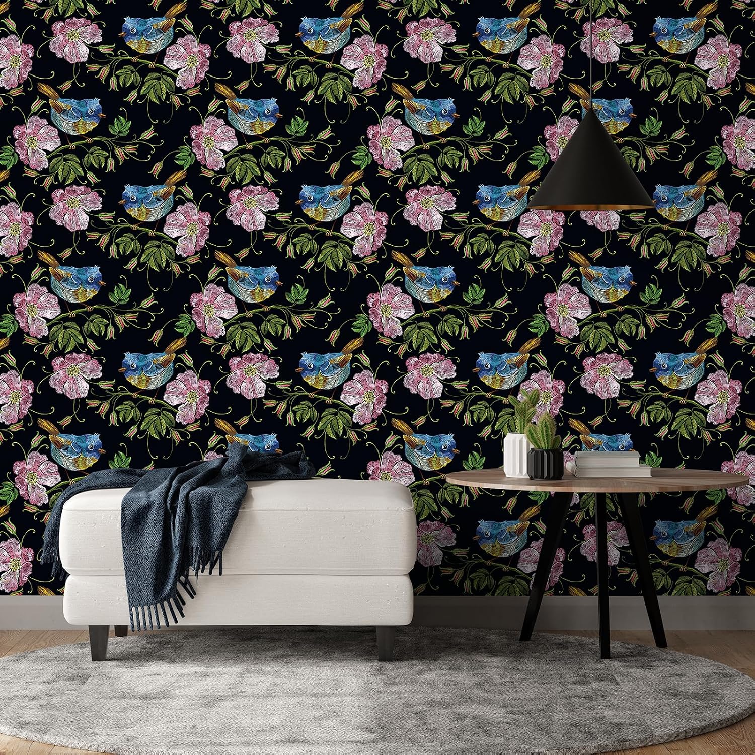 CHIHUT Peel and Stick Embroidered Bird Floral Wallpaper Black Pink Wildflower Blue Wren Print Wallpaper Waterproof Self Adhesive Removable Wallpaper for Renters Bedroom Living Room 17.7”x236”