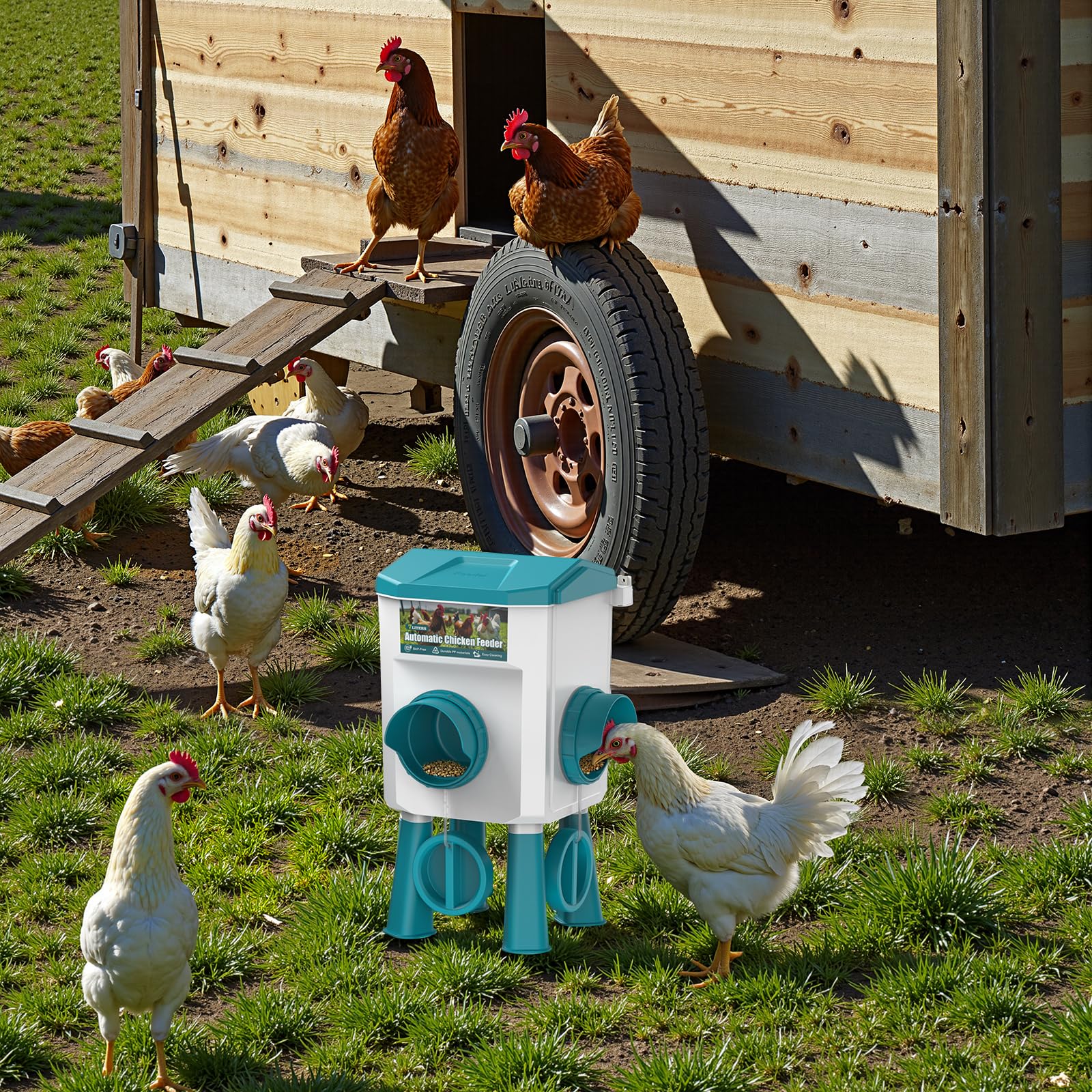 CHAMUTY 7kg Mangeoire Poule Automatique avec sans Gaspillage 2 Ports, Mangeoire Automatique Poule pour Poulets, Canards, Oies, Oiseaux