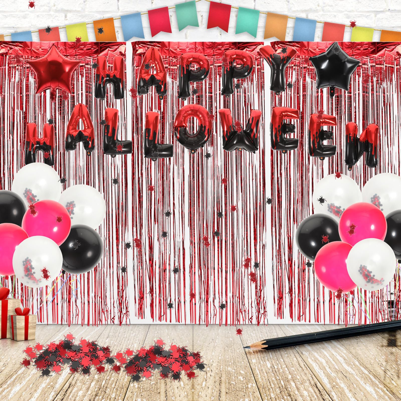 SEWACC 3 Ensembles Ensemble de Décoration Halloween Ballons Noirs et Rouges en Latex et Papier pour Restaurants et Hôtels, Rideau de Confettis pour Fête Thématique Halloween