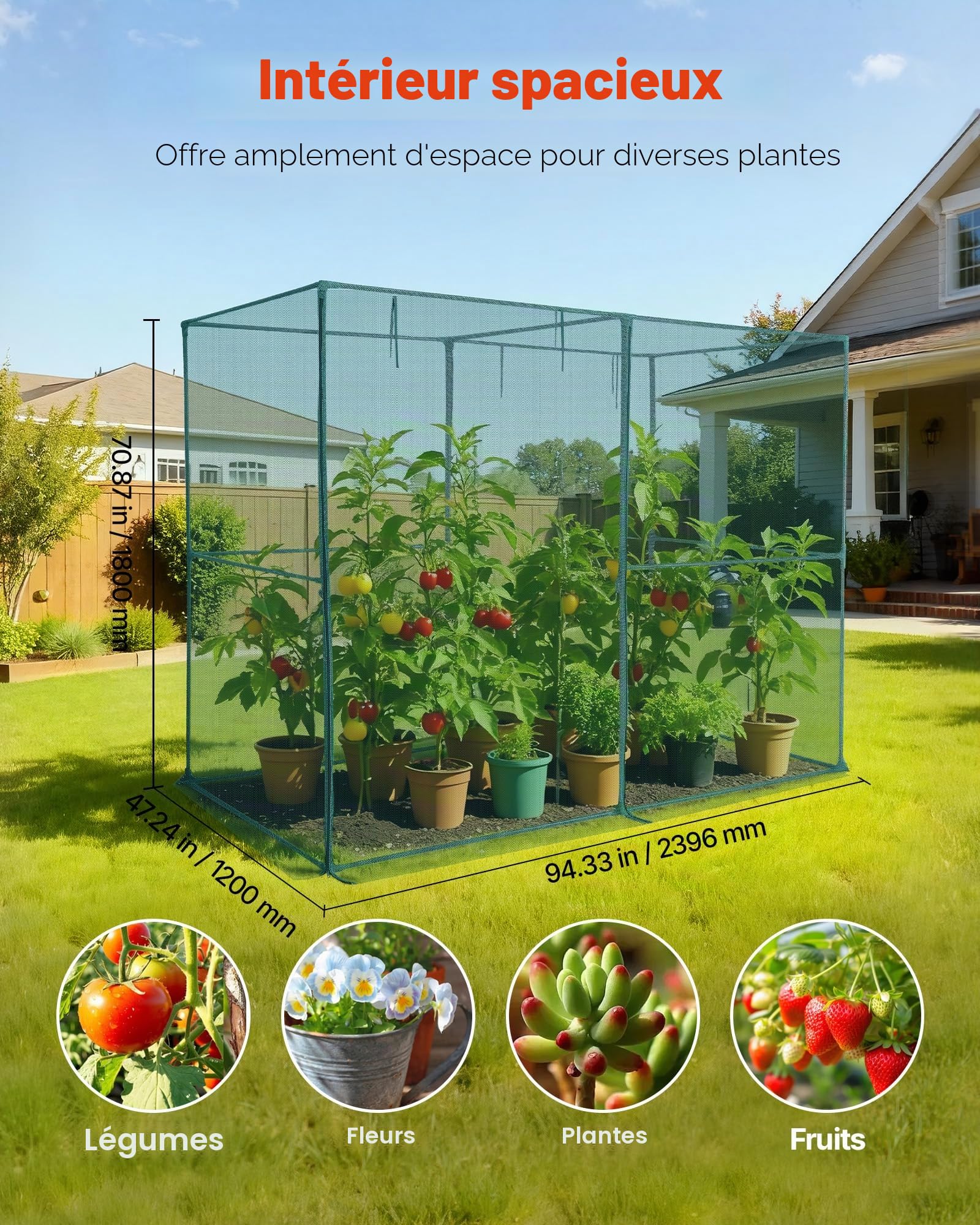 VEVOR Cage à Culture Jardin 2,4x1,2x1,8 m Cage à Plantes avec Porte Zippée pour Tomates, Filet Anti Oiseaux Résistante au Vent Filet de Protection de Plantes Couverture de Potager Surélevé Extérieur