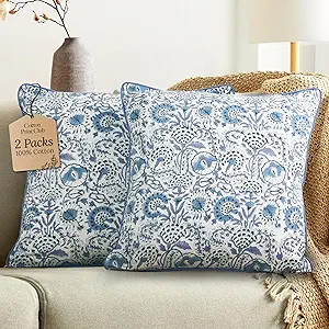 CPC 100% Cotton Throw Pillow Covers 16X16 Blue Block Print Pattern Couch Pillow, Cute Boho Decorative Pillows for Living Room, Bedroom with Hidden Zipper- Indigo Blue