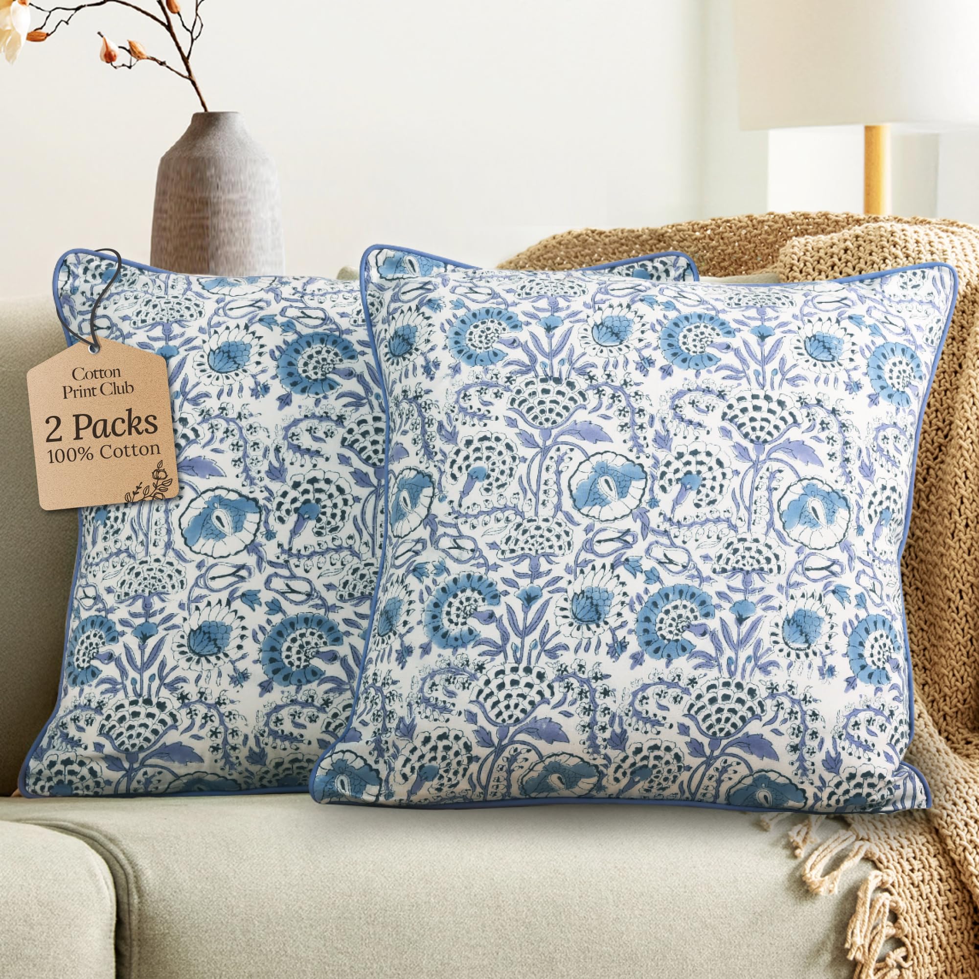 CPC 100% Cotton Throw Pillow Covers 20x20 Inch, Set of 2 Blue Block Print Pattern Couch Pillow, Cute Boho Decorative Pillows for Living Room, Bedroom