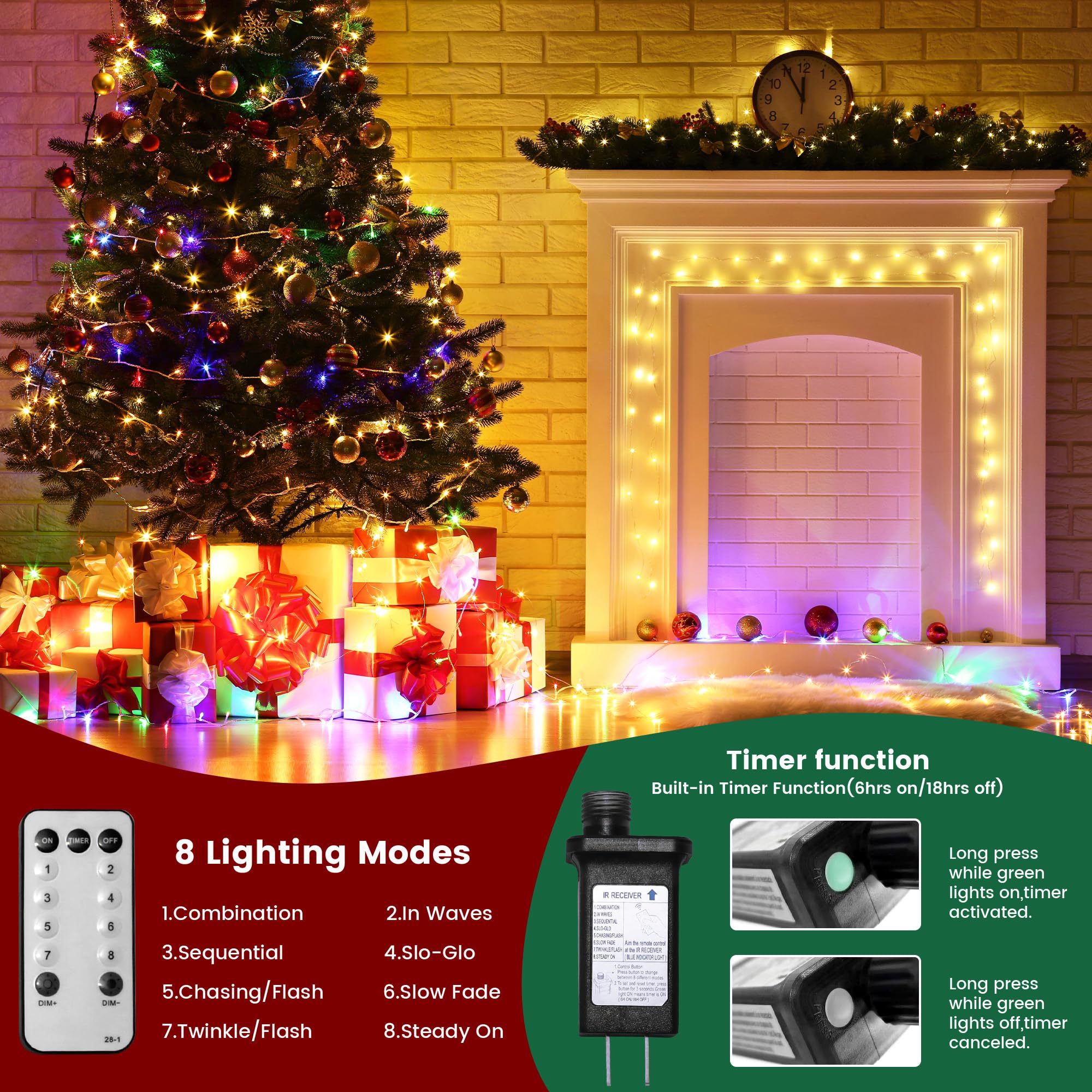 Guirnalda de luces de Navidad para interiores y exteriores, cable transparente, 200 luces LED de 66 pies conectables, luces de Navidad blancas cálidas para exteriores para dormitorio, 8 modos