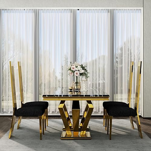 Miniatura 4 de Juego de 2 sillas de comedor, sillas de comedor negras y doradas, sillas de comedor tapizadas con patas de metal pulido y respaldo alto