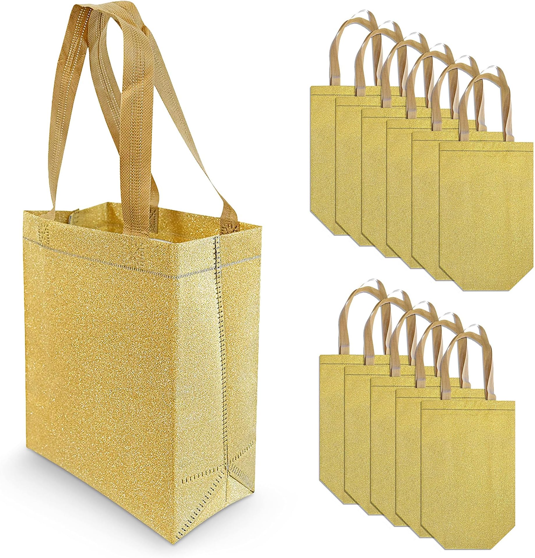 OccasionALL Gold Gift Bags, Reusable Glitter Gift Bags with Handles for Holidays, Shopping, Birthdays, Weddings, Party Favors, Events, Bulk, 6x3x8, 12 Pack