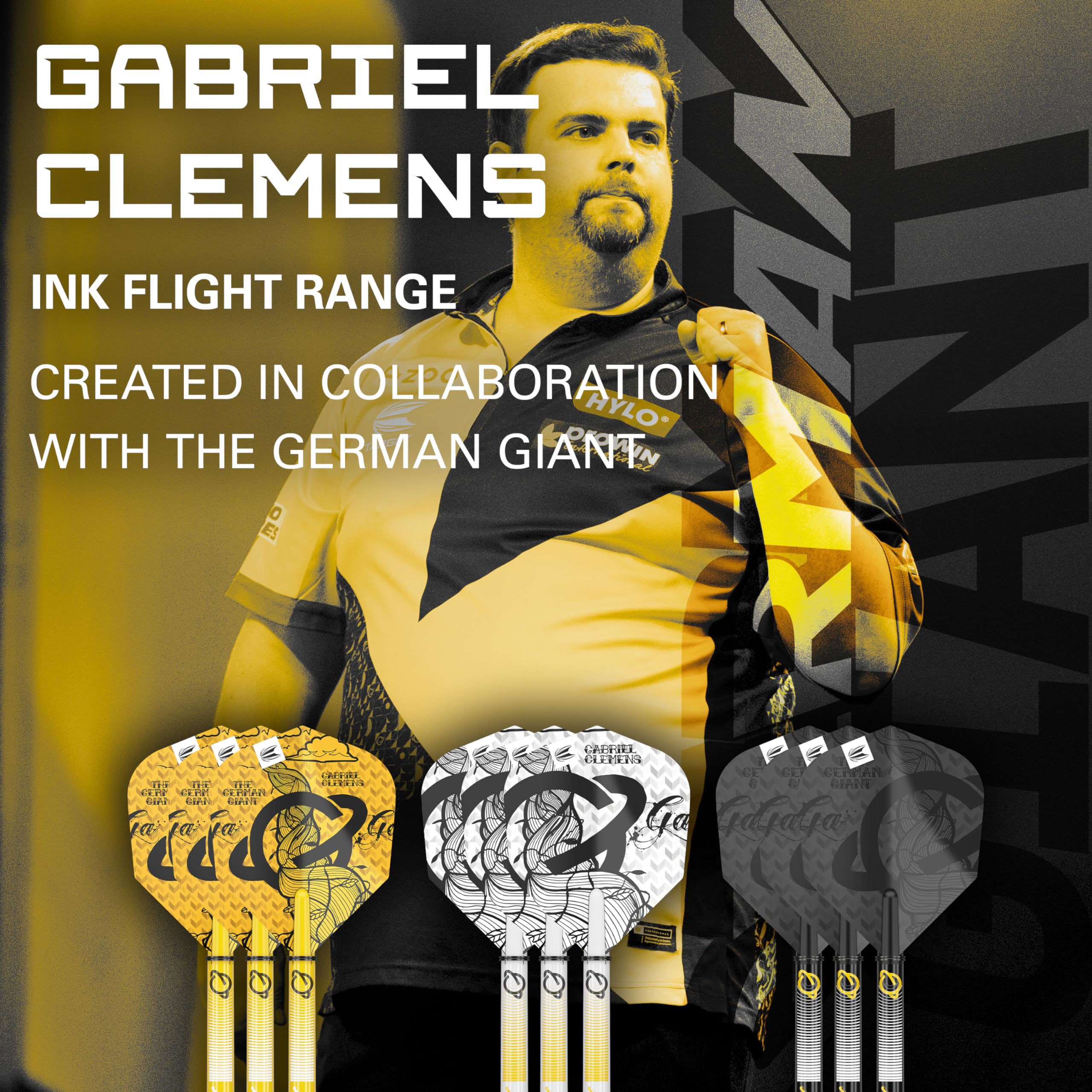 Target Darts Gabriel Clemens Ink Design No.6 Dart Flights & Medium (48mm) Shafts Stems - 9 Flights and 9 Shafts in Total