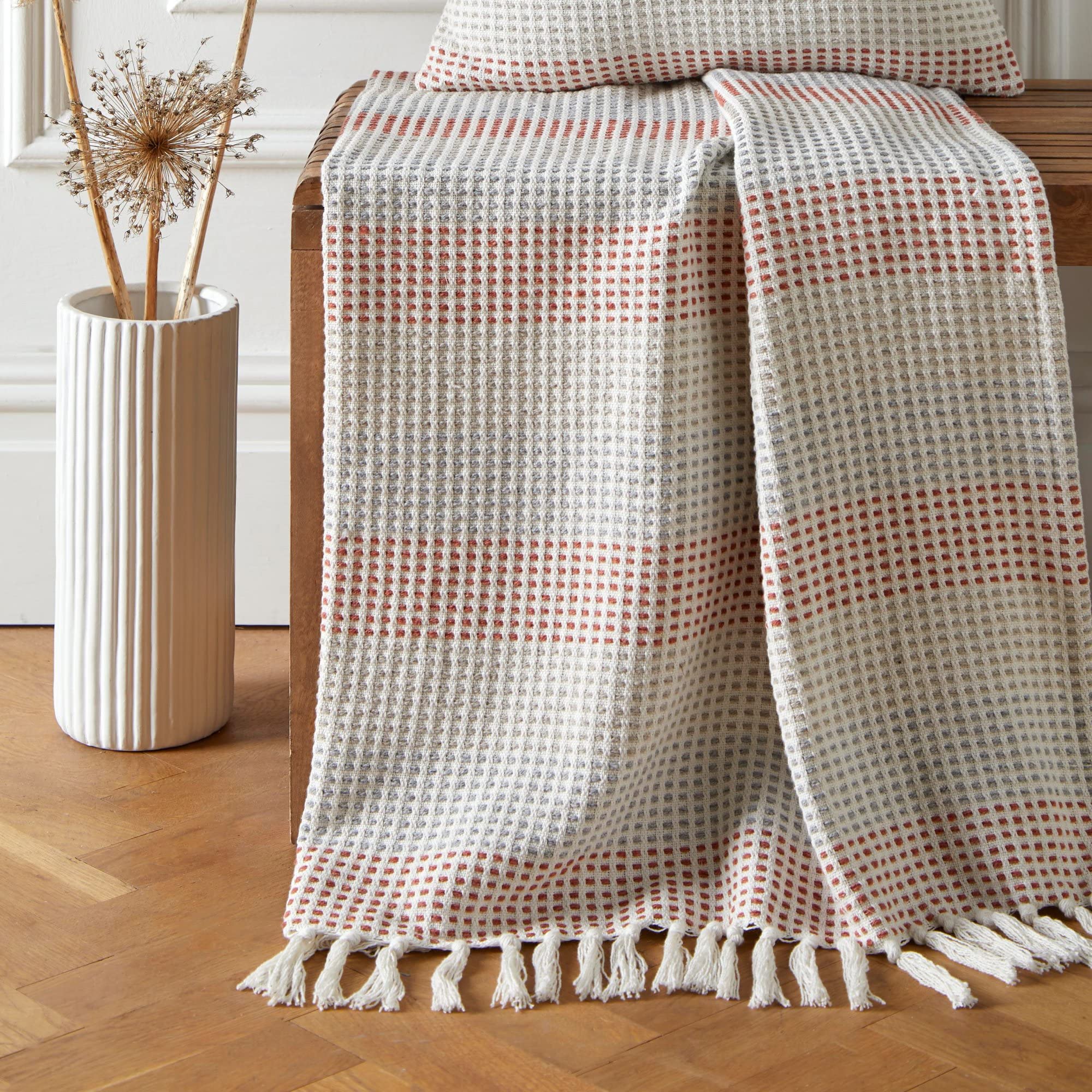 Appletree - Orange Waffle Throw (180 x 130cm) - Recycled Cotton - Large Throw - Orange Sofa Throw with Tassels - Orange Woven Blanket - Throw Blanket in Orange - Knit Throw - Terracotta Waffle Blanket