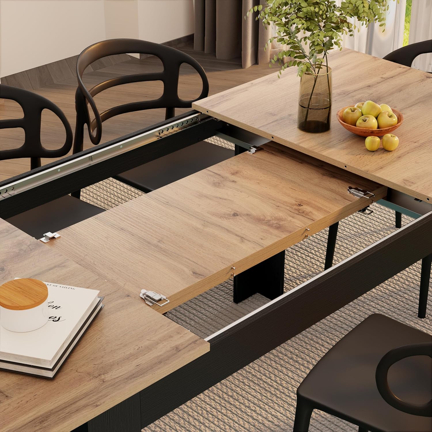 Mobili Fiver, Easy, Extendable Dining Table, 55.1(86.6) x35.4 in, Rustic Oak and Ashwood Black, Made in Italy