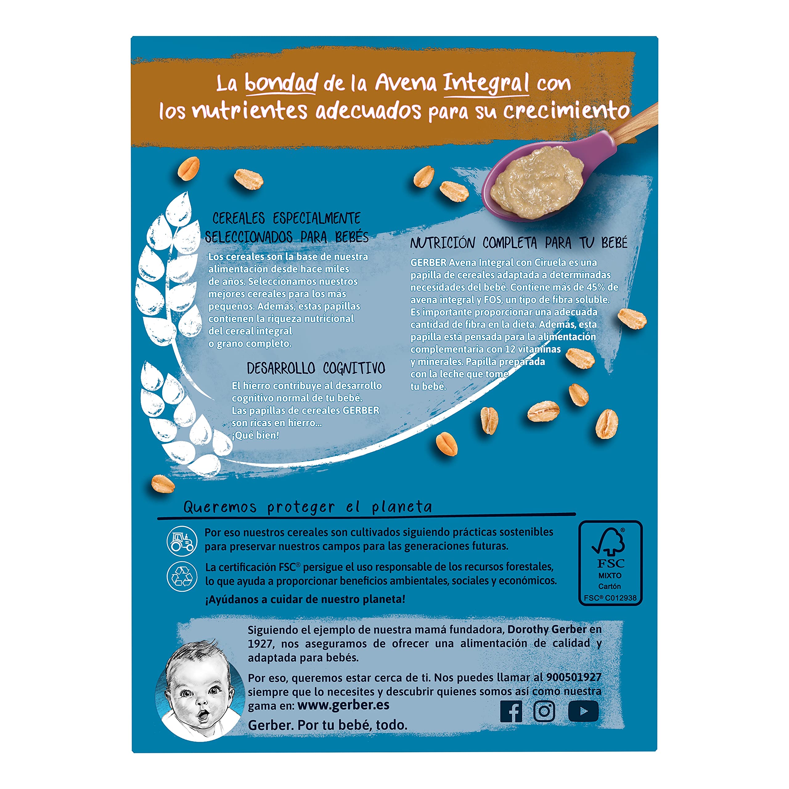 GERBER Avena Integral con Ciruela, Papilla de Cereales para Bebés, Paquetes 9x250g, a partir de 6 meses