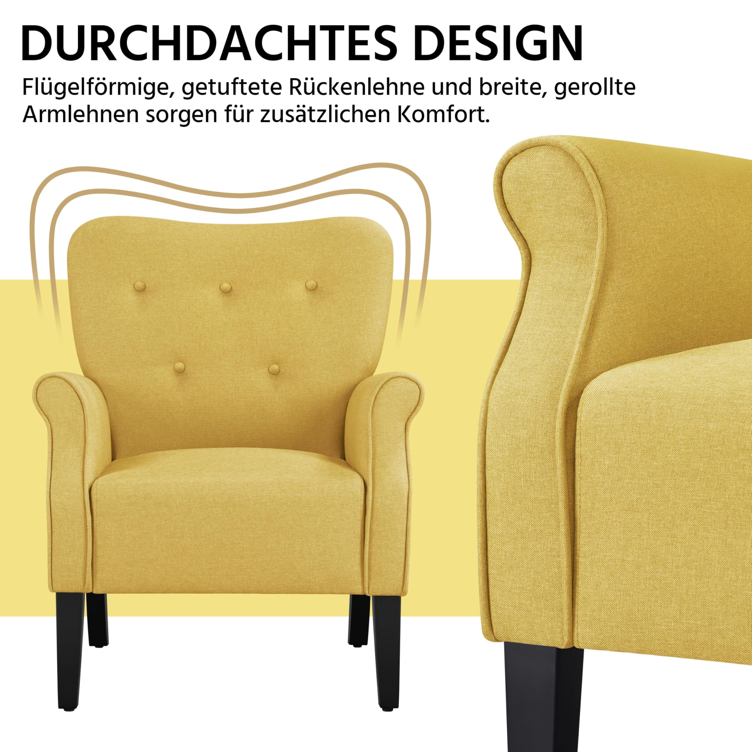 Yaheetech Ohrensessel modern Holzbeine Sessel Polstersessel Fernsehsessel mit Armlehnen Einzelsofa Sitzkomfort Gelb