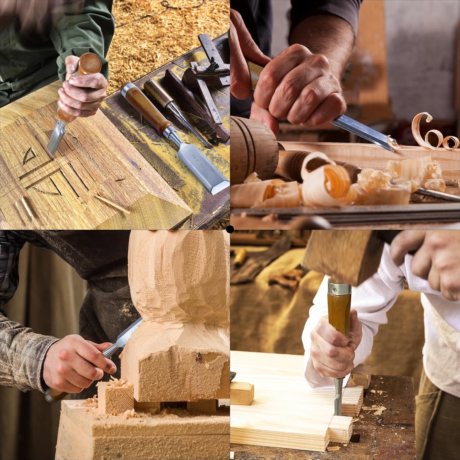 10 Pieces Wood Chisel Set, 1/4"~2" Woodworking Chisel Kit with Sharp CR-V 60 Steel Blades, Wooden Box, Honing Guide, Sharpening Stone for Carpenter Craftsman Woodworker