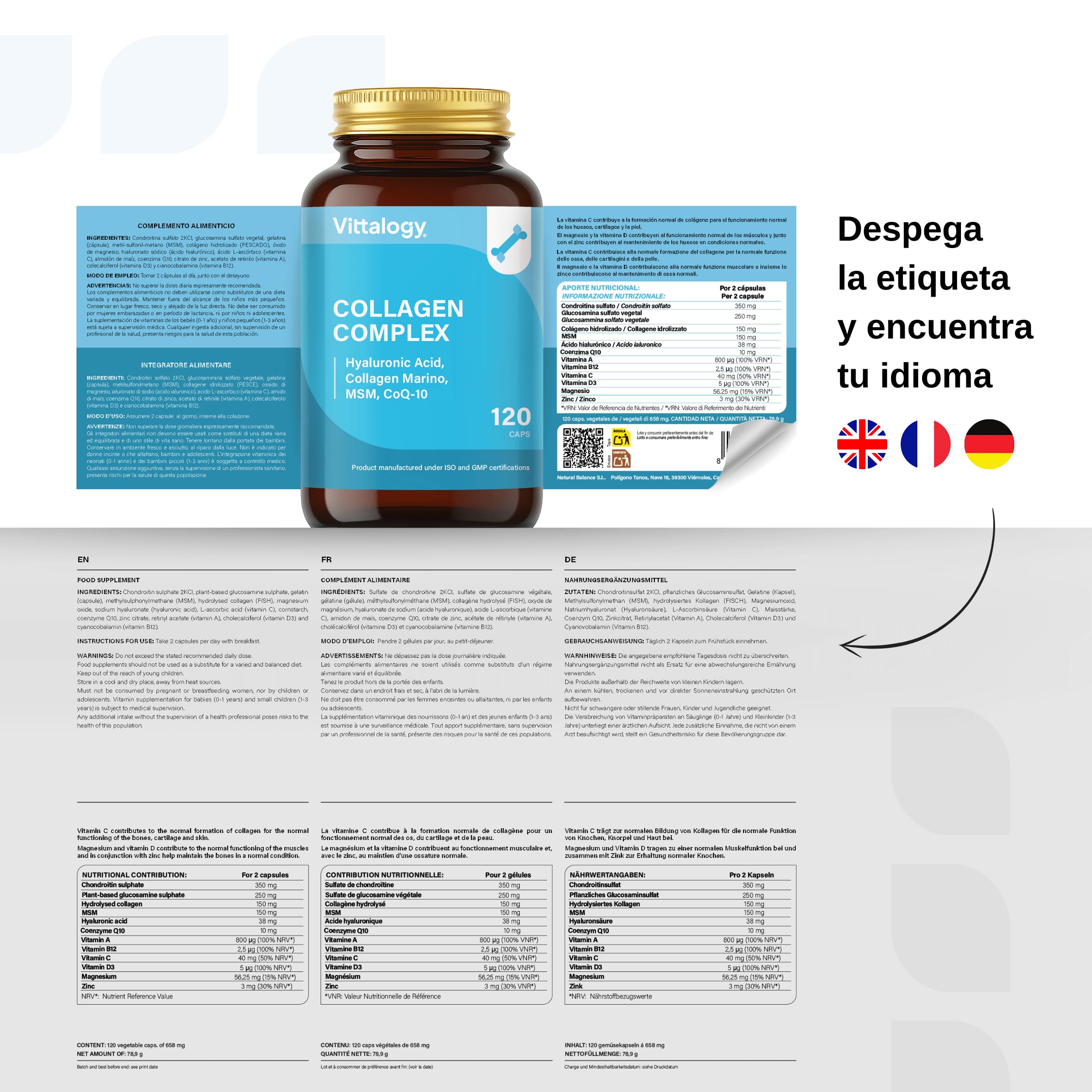 Collagen Complex Suplemento Natural de Colágeno Hidrolizado Marino con Ácido Hialurónico, Magnesio, Coenzima Q10 y Vitaminas A, B12, C y D. Colágeno para Articulaciones y Piel. 360 Cápsulas