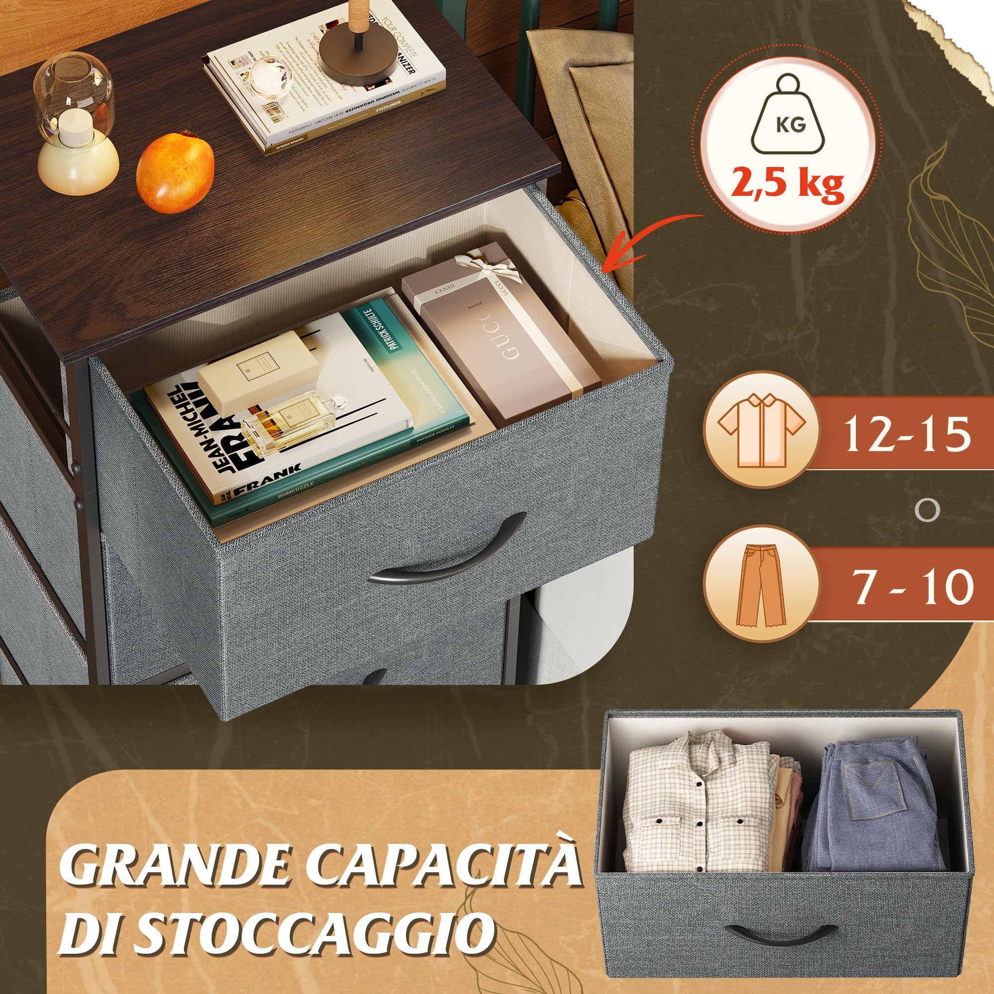 Cassettiera In Tessuto 3 Cassetti Grigia - Armadio Per Camera, Soggiorno, Corridoio | Organizzazione Prattica - Foto 6