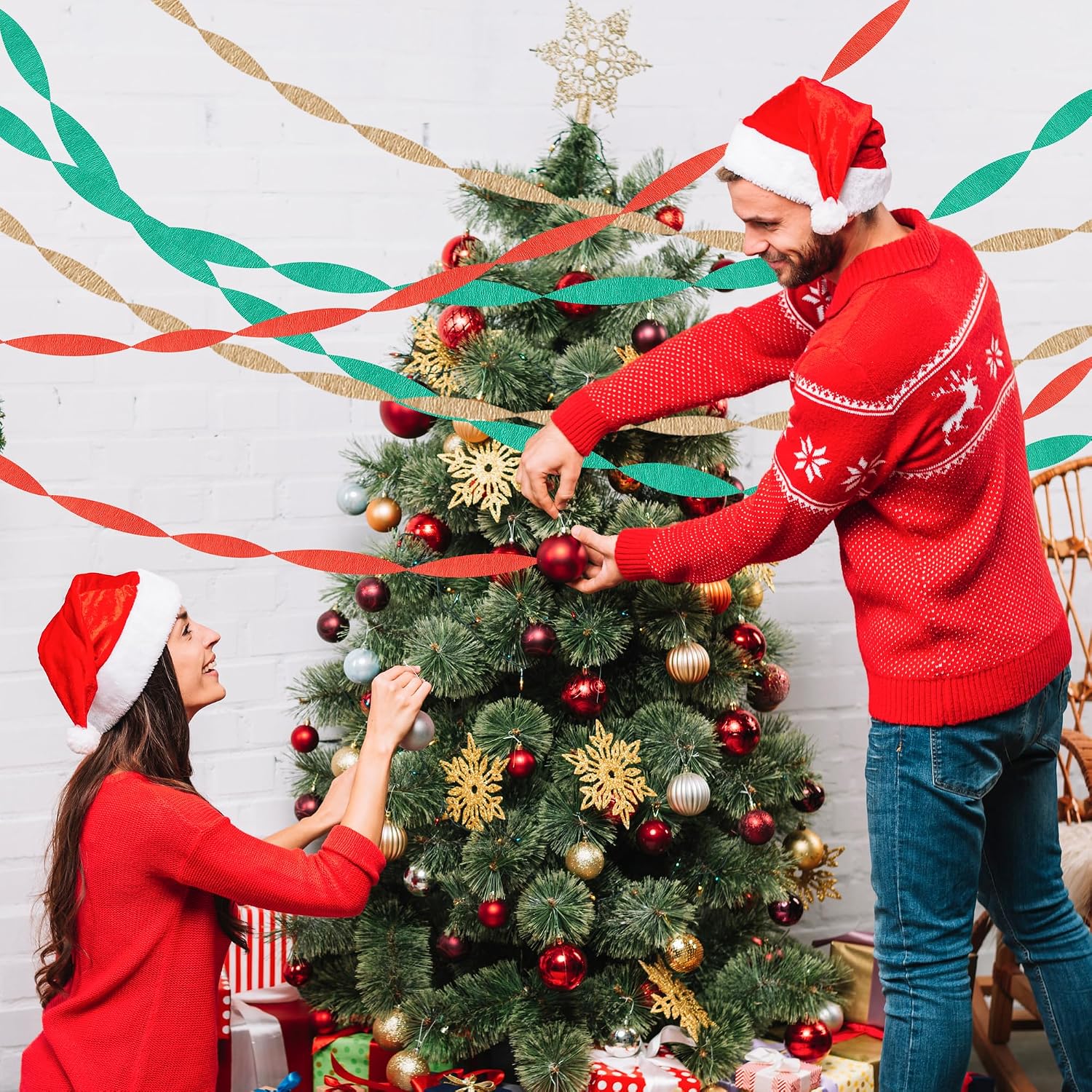 Red and Green Streamers, 8 Rolls 656 Ft Hanging Party Streamers Kit, Red Green Gold White Crepe Paper for Christmas New Year Festival Theme Party Decoration, 1.8 Inch x 82 Ft/Roll