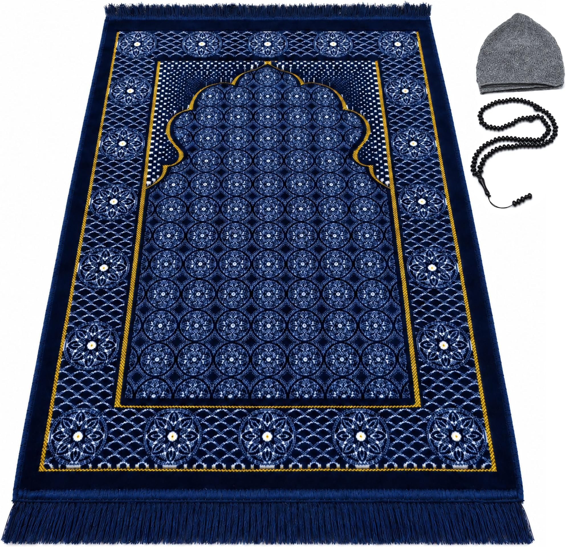 Modefa Muslim Prayer Rug Plush Velvet Salah Mat Floral Stamp Ipek (Blue #2)