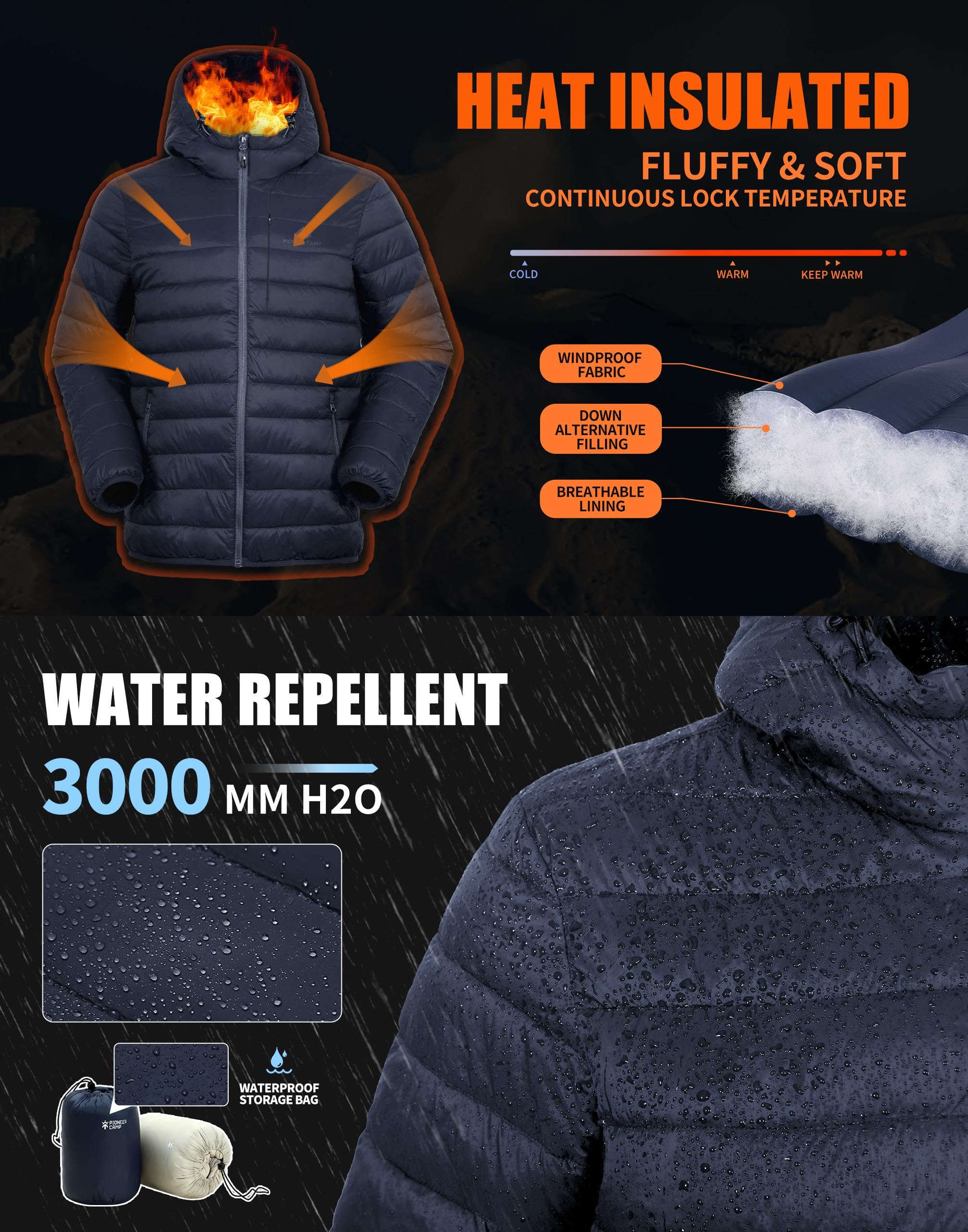 Pioneer Camp Piumino da uomo leggero, ripiegabile, con cappuccio, caldo, invernale, per sci, escursionismo, viaggi