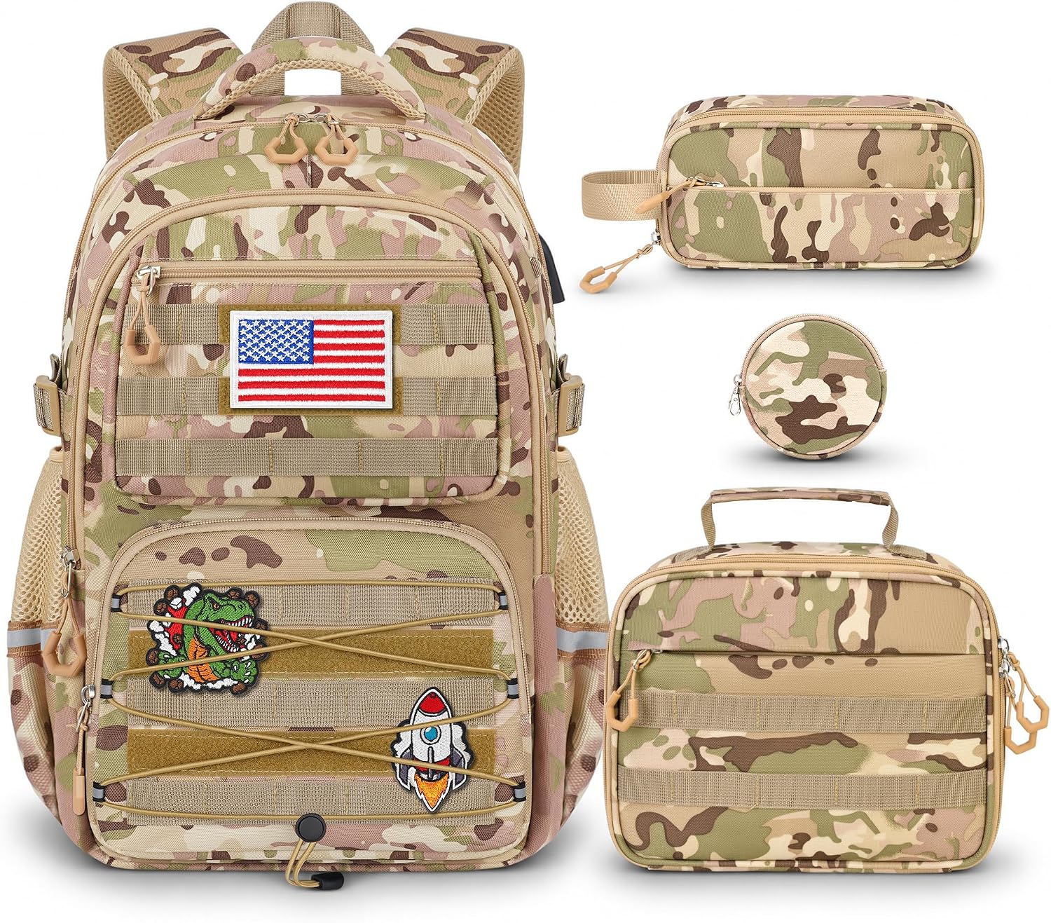 Boys Backpack with Lunch Box, 4 PCS Camo School Bookbag for Boys | Large Capacity Elementary Backpack, Back to School Backpack for Kids, Boys & Teens