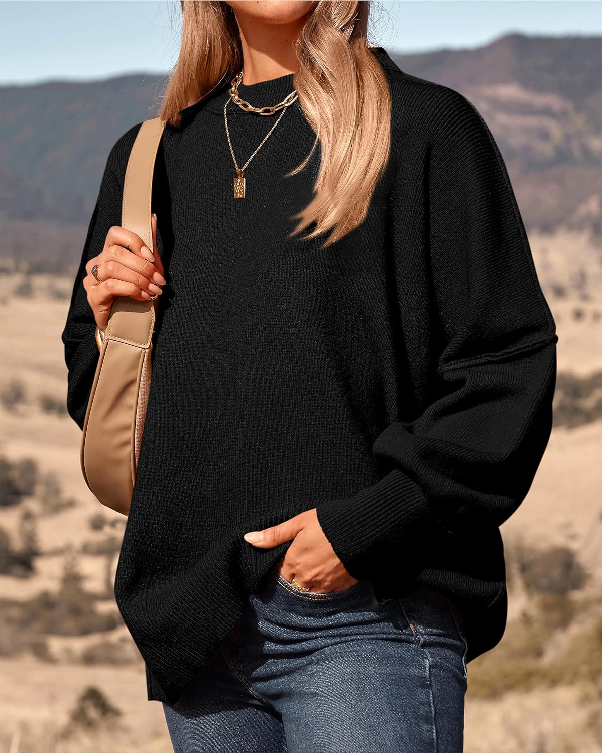 PRETTYGARDEN Women's Oversized Sweater 2025 Casual Fall Outfits Crewneck Long Sleeve Side Slit Chunky Knit Pullover Tops - Image 4