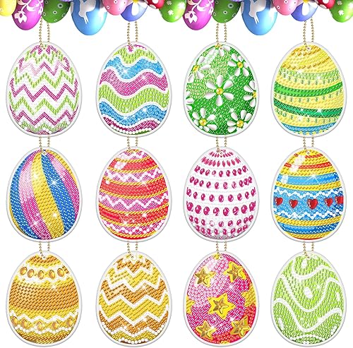 clothmile Kit de 12 llaveros de arte de diamantes de huevo de Pascua con diamantes 5D, llaveros de arte de diamantes de imitación, kit de arte de