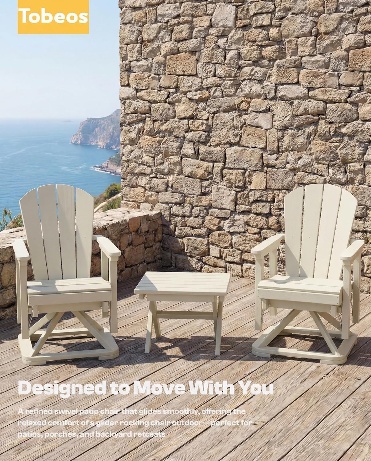 HDPE Outdoor Swivel Glider Rocking Chair Set of 2, Oversized Patio Rocking Chair with 360° Swivel & Smooth Glide, Heavy Duty Outdoor Chair for Porch, Deck, Lawn, Poolside (White)