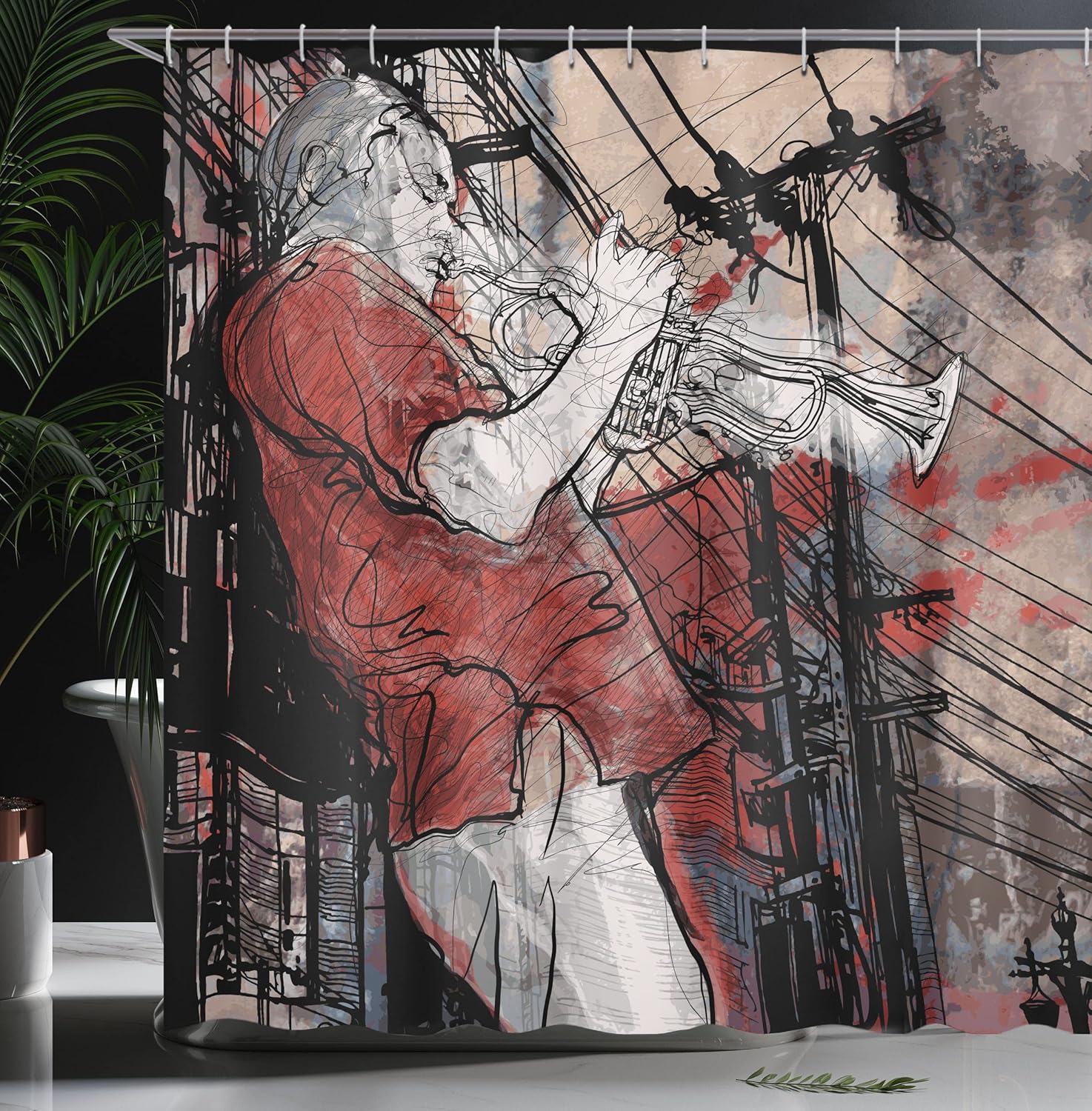 Ambesonne Music Shower Curtain, Trumpet Musician on Grunge Cityscape Background in The Night Boho Art Print, Cloth Fabric Bathroom Decor Set with Hooks, 69" W x 75" L, Red Black White