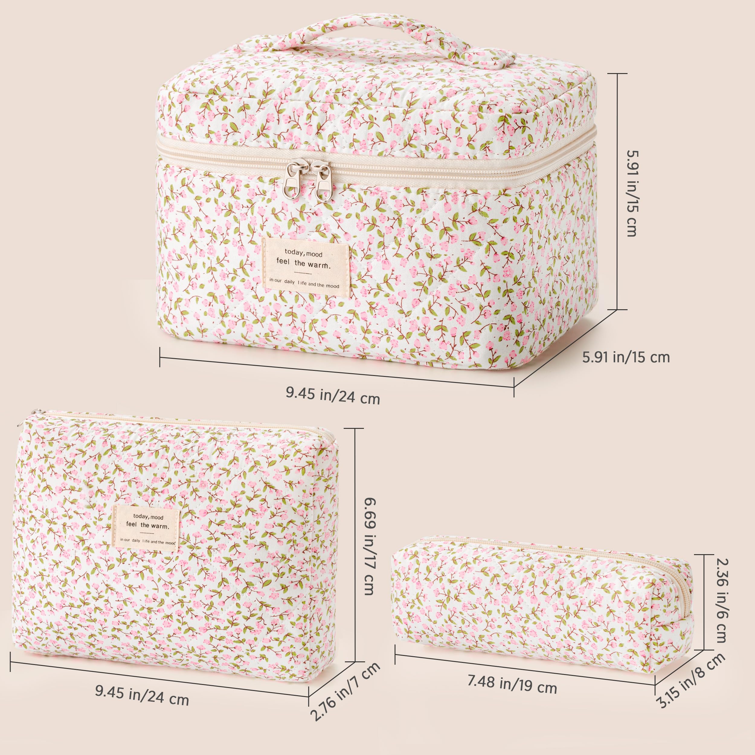 HBselect Gesteppte Make-up-Tasche, Baumwolle, groß, Reise-Make-up-Tasche, niedliches Blumenmuster, Kokette, Kosmetiktasche, Kulturbeutel für Damen und Mädchen, 3 Stück, A-3 Stück, Blumenmuster 17
