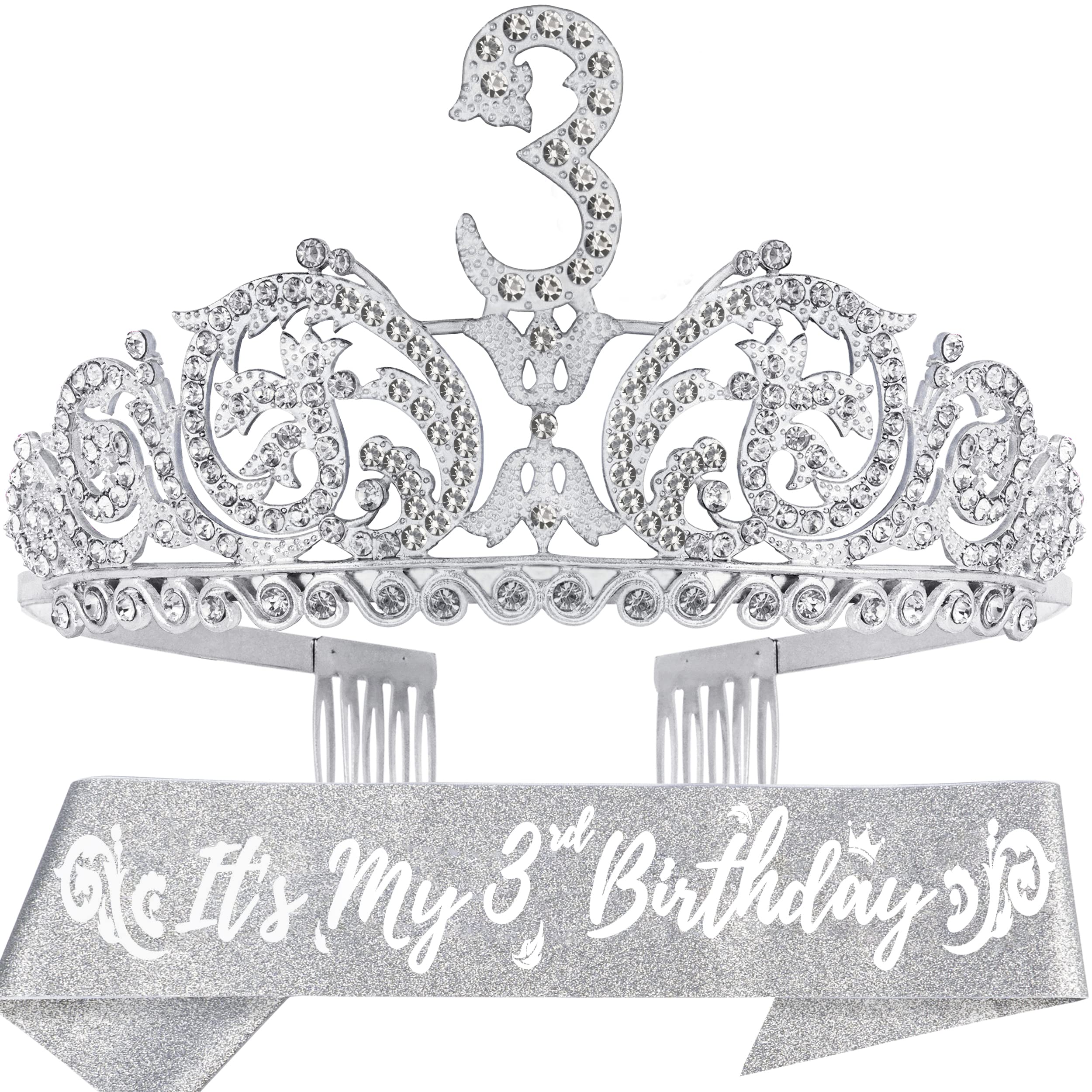 3rd Birthday Sash and Tiara for Girls - Fabulous Glitter Sash + Forest Rhinestone Silver Premium Metal Tiara for Girls, 3rd Birthday Gifts for Princess Party