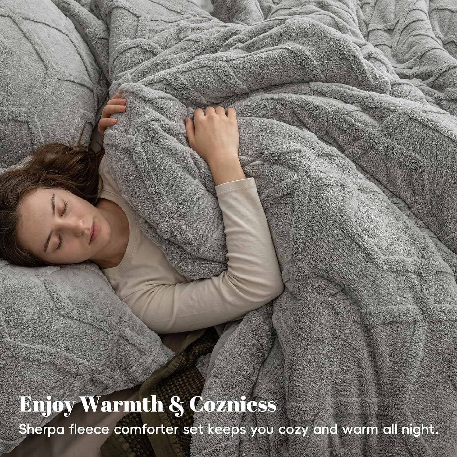 PHF Warm Sherpa Fleece Queen Comforter Set, 3D Tufted Fluffy Grey Bedding for Winter, Soft 3 Pieces Shaggy Bed Set, 1 Comforter (90"x90") and 2 Pillowcases (20"x26")