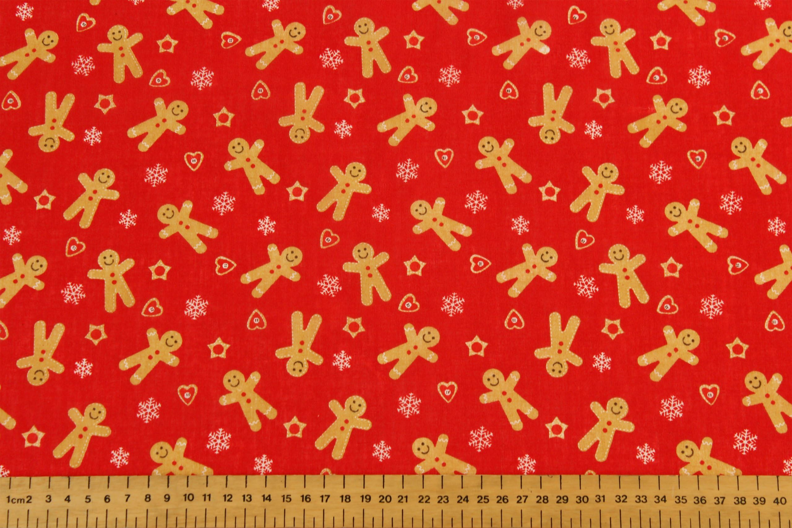 CHRISTMAS (XMAS) GINGERBREAD MAN, STARS & HEARTS - PRINTED POLY COTTON FABRIC (Red)