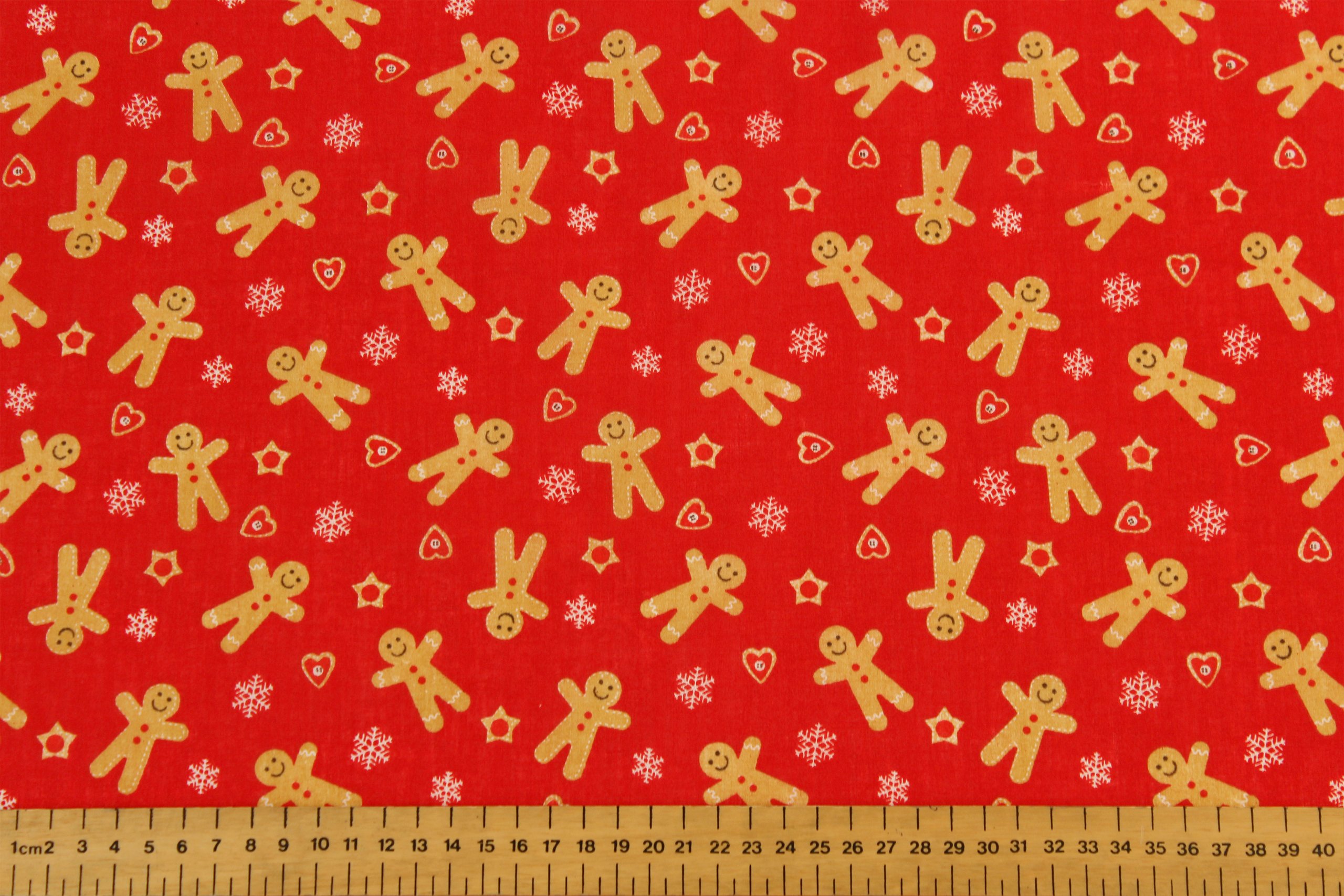 CHRISTMAS (XMAS) GINGERBREAD MAN, STARS & HEARTS - PRINTED POLY COTTON FABRIC (Red)
