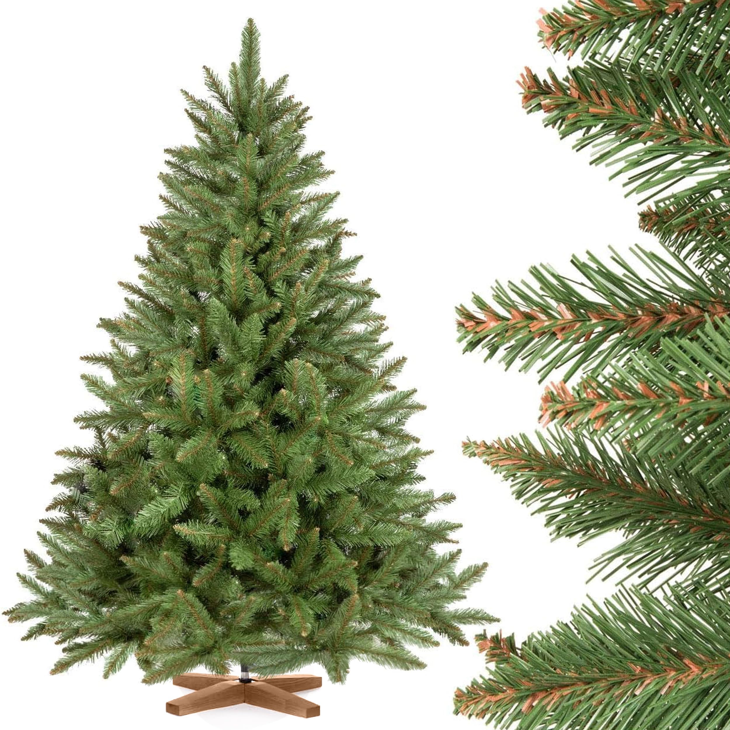 FairyTrees Sapin de Noël Artificiel 150cm ÉPICÉA Naturel | Arbre de Noël avec Support en Bois | Tronc Vert | Made in EU