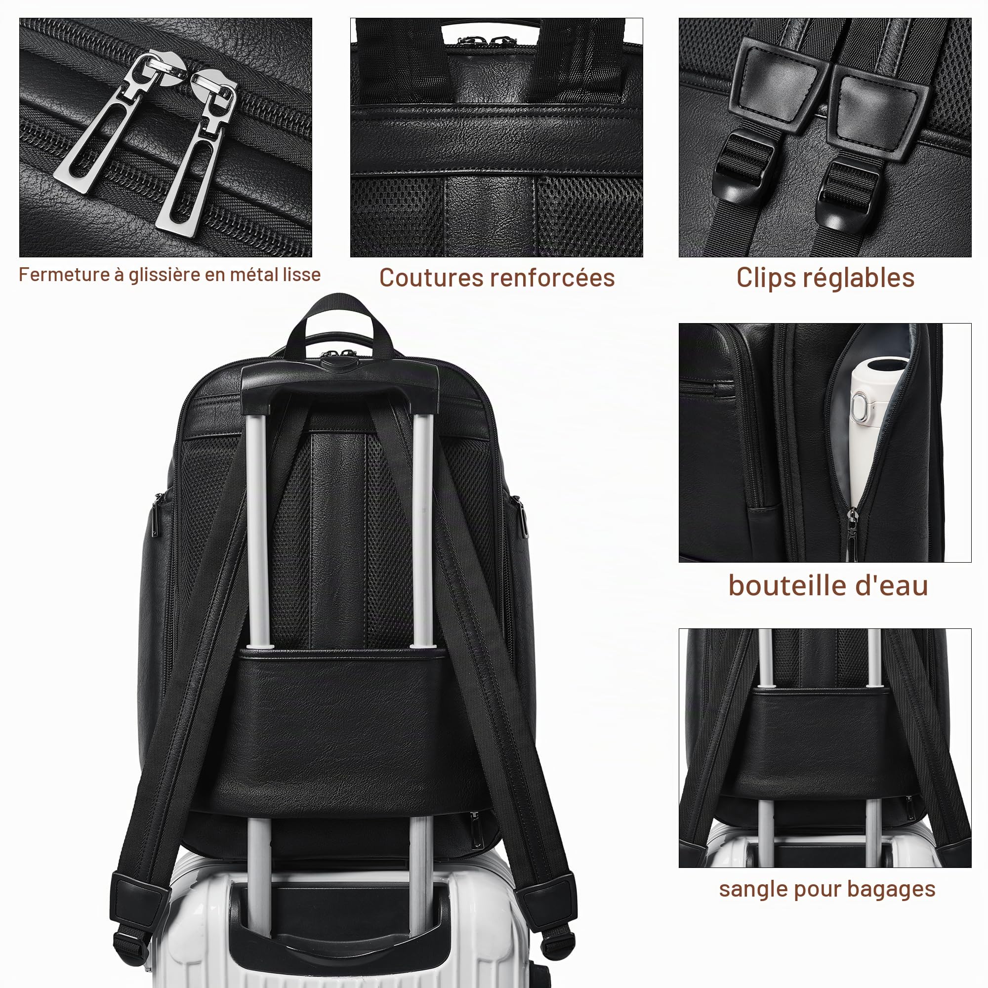Sac à Dos en Cuir Végan Homme et Femme, 40L Extensible, Bagage Cabine pour Ordinateur 17 Pouces avec Port USB et Sangle Valise, Design Élégant, Black
