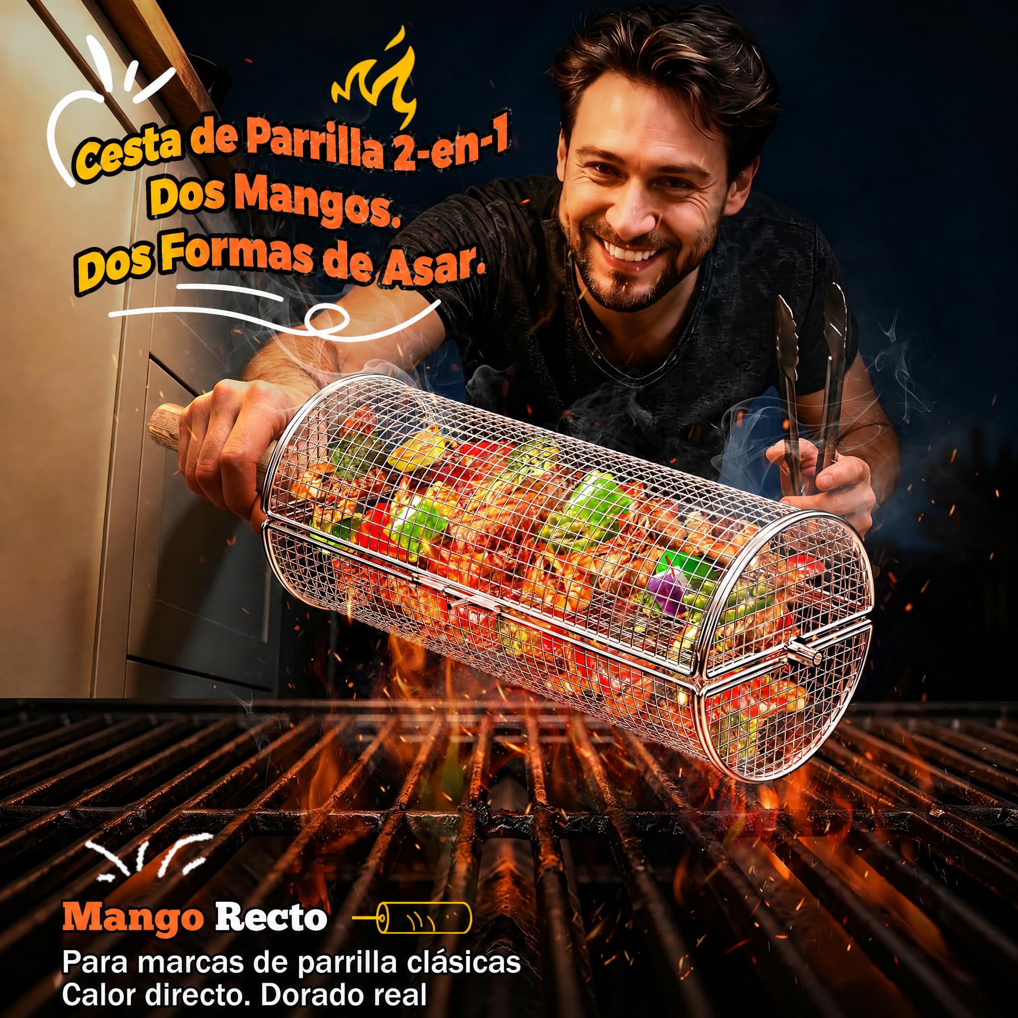 2-en-1 Cesta de Parrilla Rodadiza Rotativa, Acero Inoxidable 304 con Dobles Mangos de Manivela y Recto, Accesorios Barbacoa para Verduras Camarones, Regalo Idea Hombre Papá Esposo Cumpleaños