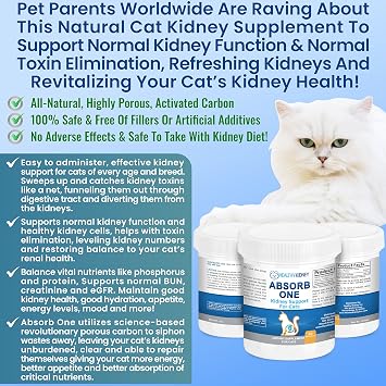 Cat Kidney Support Supplement for Normal Kidney Function in Cats. Natural Feline Kidney Cleanse Take with Any Kidney Cat Diet Food. Vet-Formulated 1/8 TSP a Day 60 Servings: Absorb One