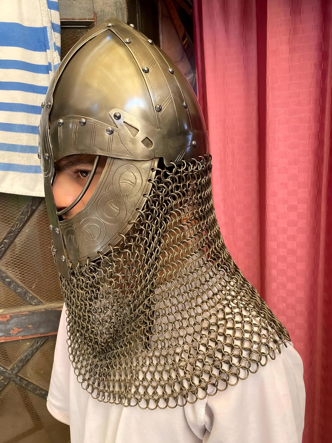 Medieval Wearable Norman Viking Helmet with Chainmail Coif – Handmade Antique Brass Steel Knight Helmet for LARP, Cosplay, Reenactment & Costume – Adult Size 24–25 Inch Head Circumference