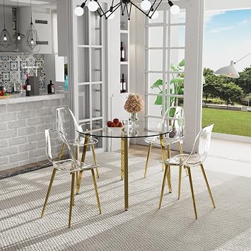 Baysitone Round Glass Dining Table Set for 4, Circle Dining Table Set, Dining Room Table Set for 4, 42 Glass Kitchen Table Chairs Set with Clear Acrylic Chair, Kitchen Table Set with Accent Chairs