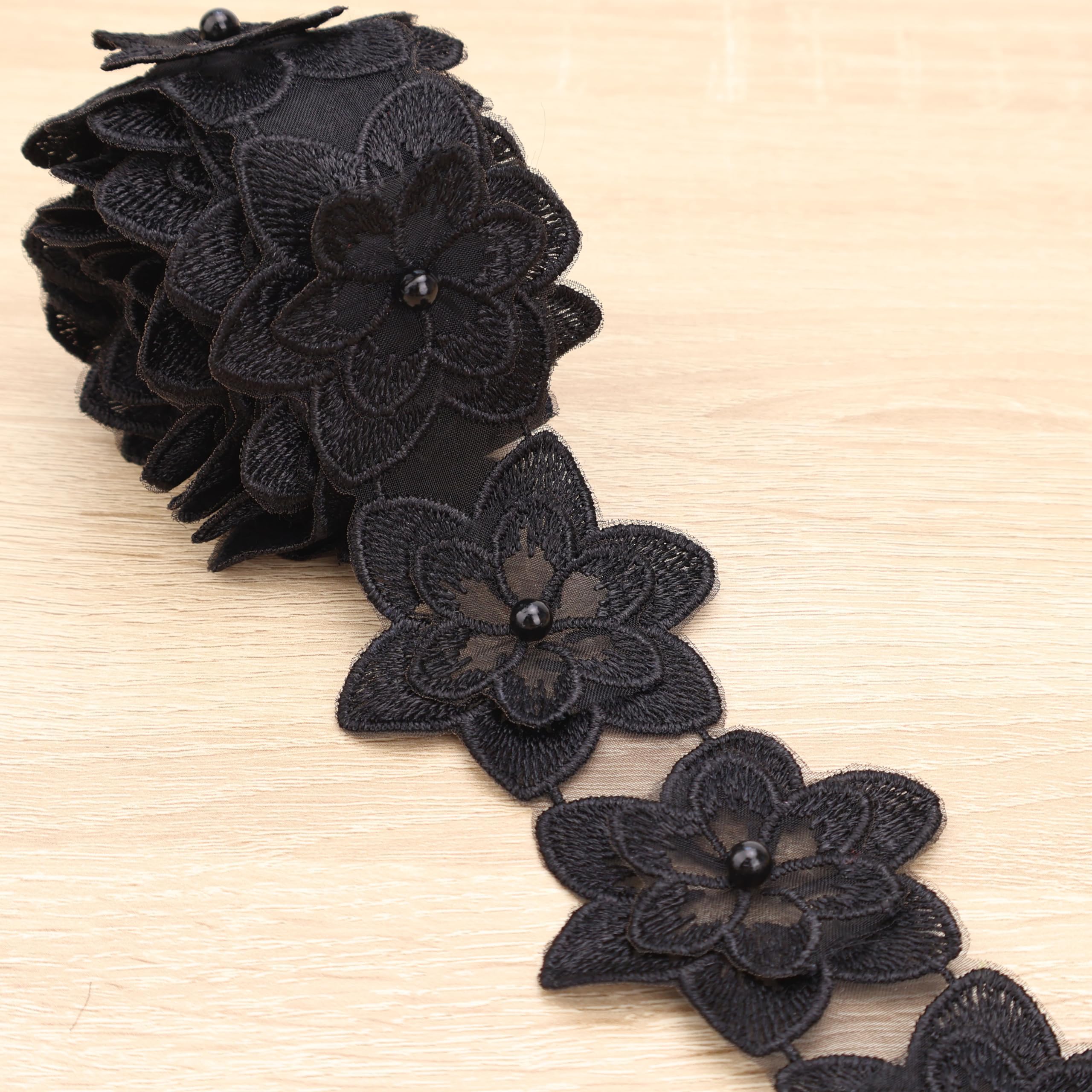 Organza Flower Trim 2 Yards Lace Edge Trim Ribbon, Vintage Edging Trimmings Fabric Embroidered Applique Sewing Craft for Wedding Dress Embellishment DIY Dress Decor, Gowns, Home Decor (Black)