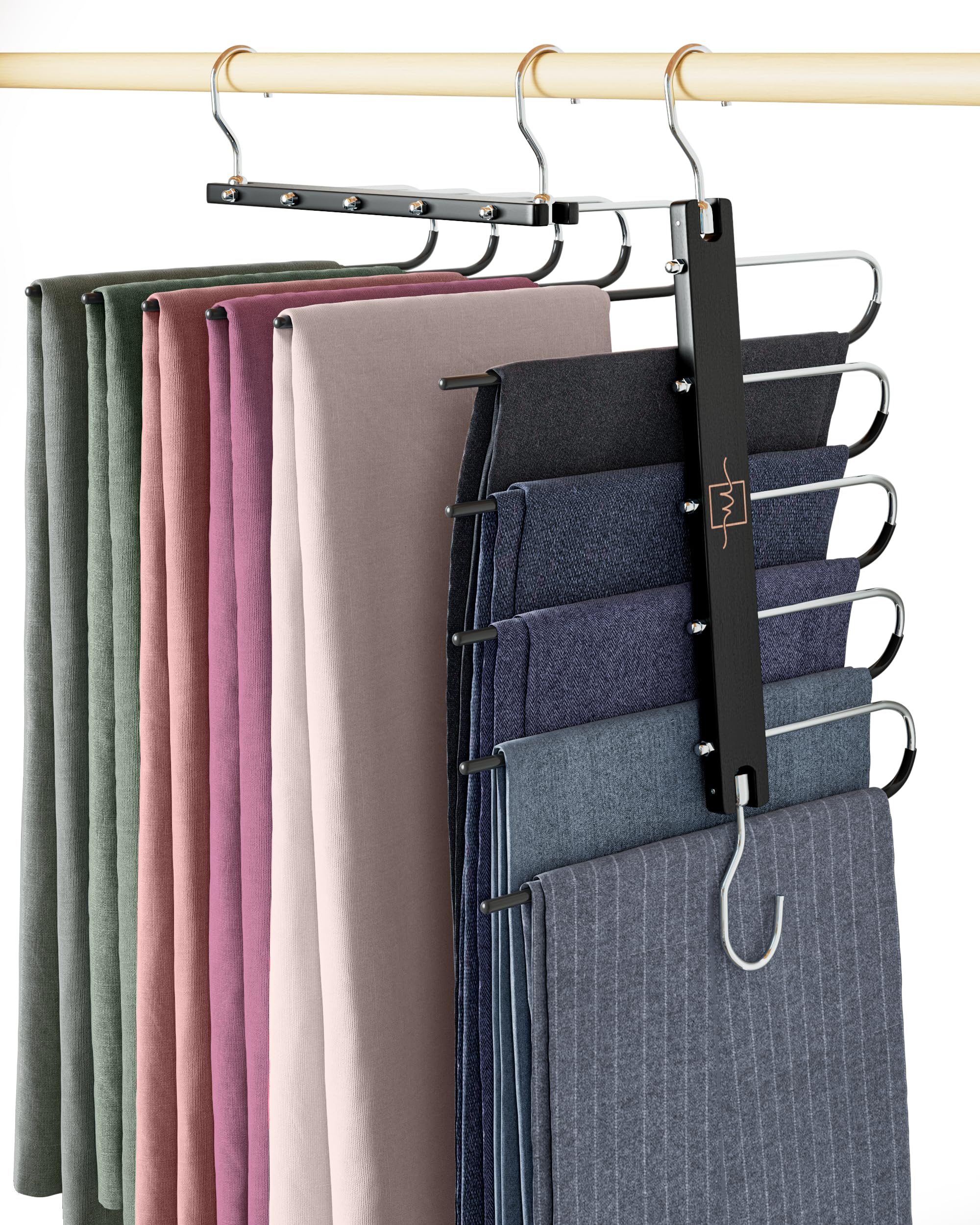 MORALVE Hosenbügel platzsparend – Premium Kleiderbügel aus europäischem Buchenholz für Hosen, Jeans & Schals – Kleiderschrank Organizer mit 360° drehbarem Haken (1er-Pack)