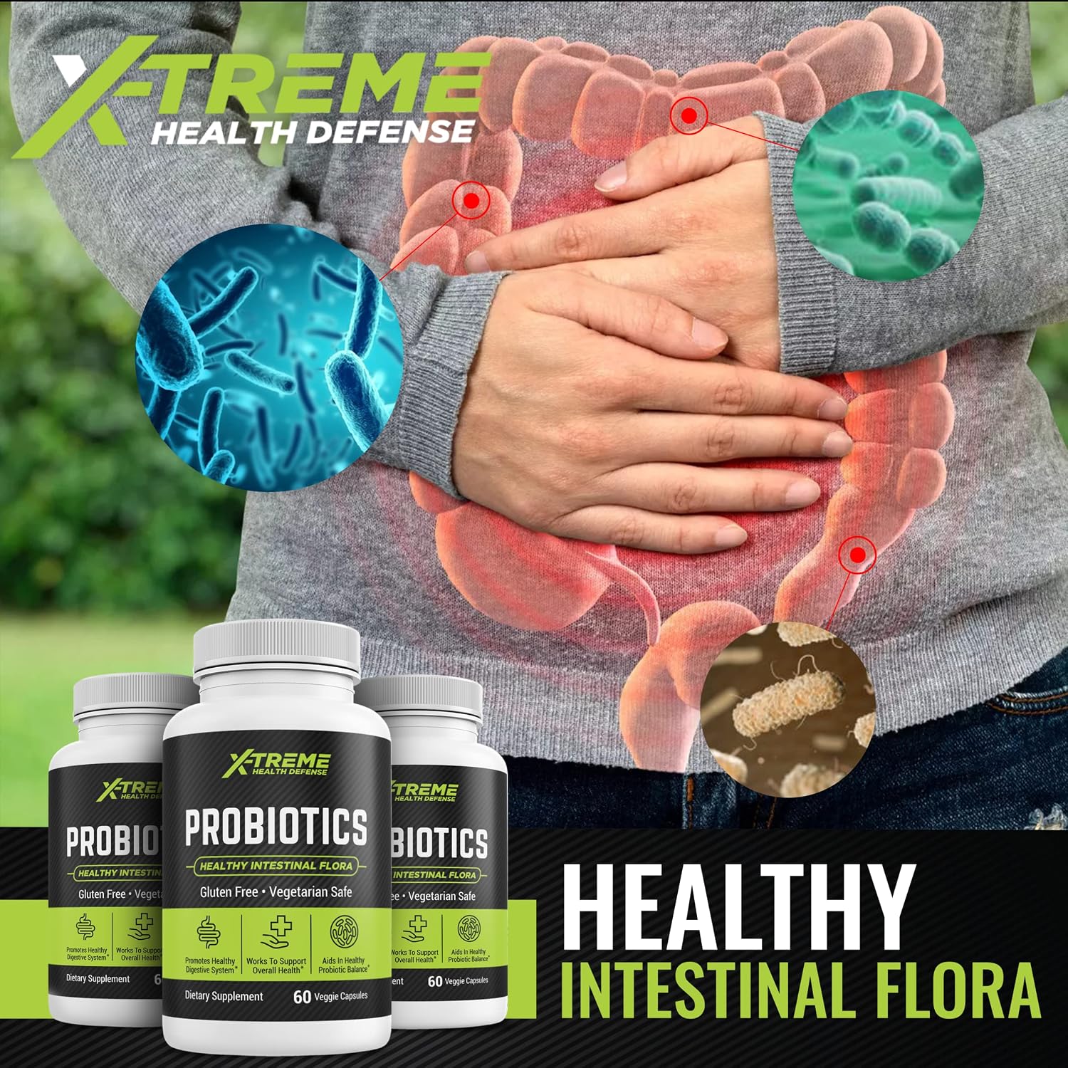X-treme Health Defense - Probiotics 15 Billion - Healthy Intestinal Flora and Digestive System - Aids Probiotic Balance and Overall Health - Gluten Free - 60 Veggie Capsules