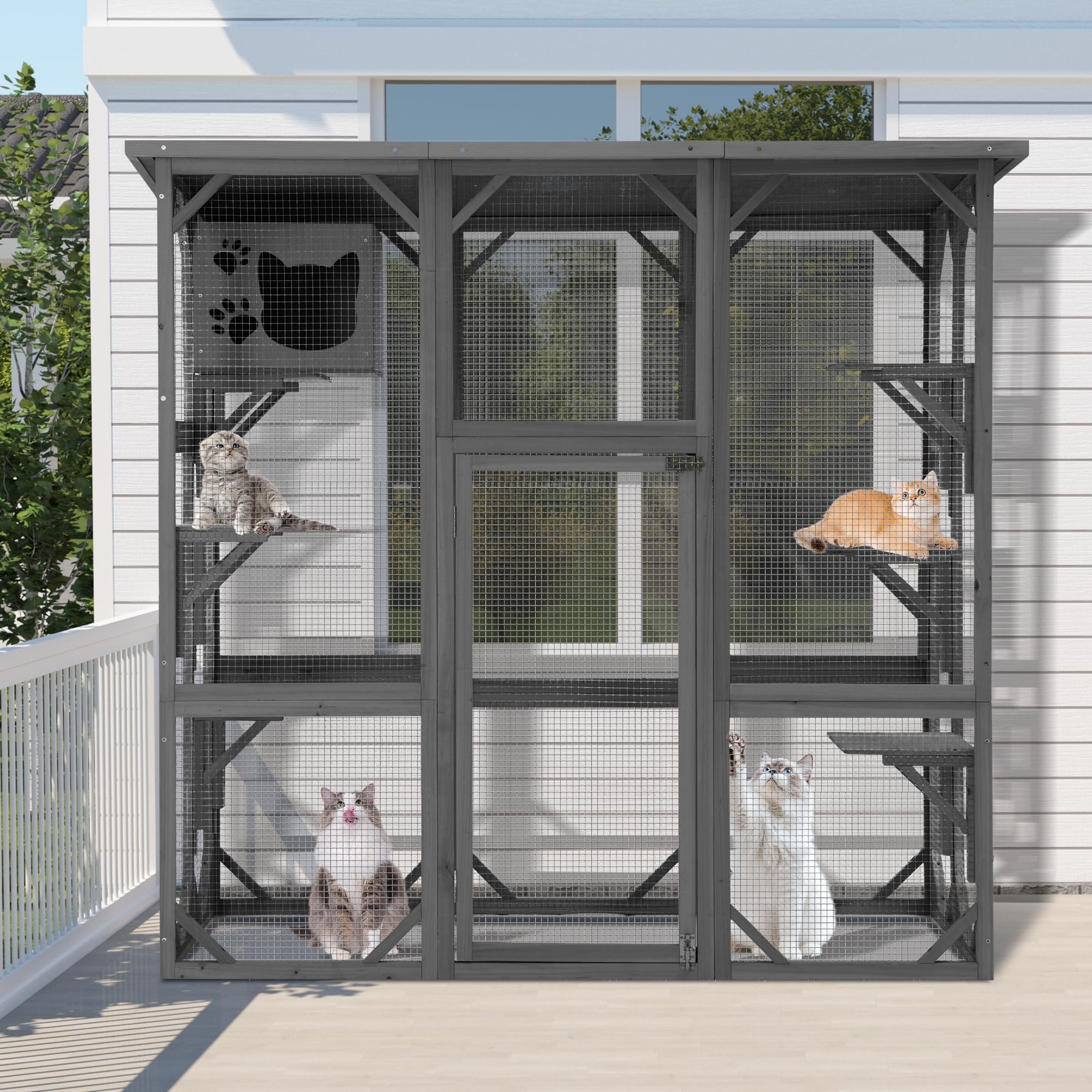 Catio Cat House Cage Enclosure, Outdoor/Indoor Wooden Cat Enclosures with Separate Kennel, 5 Large Platforms and Waterproof Asphalt Roof for Patio, Backyard(Grey)