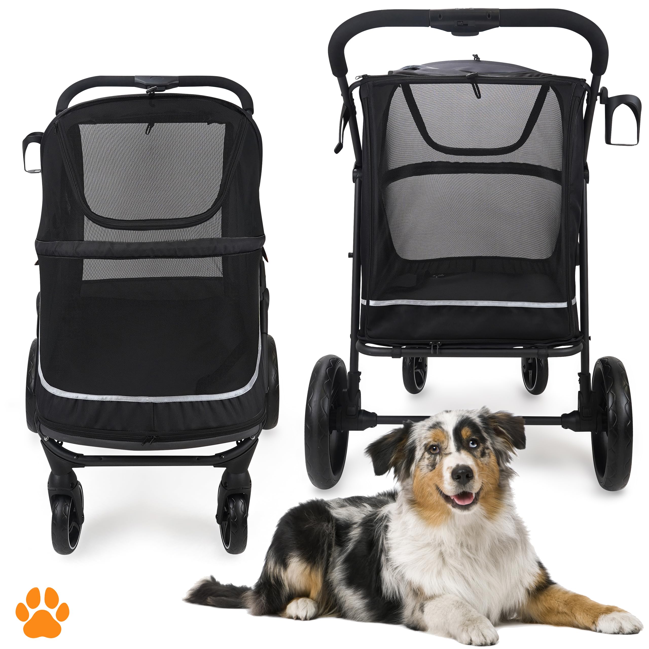 DUQUE Poussette CHAMP Voyage pour Animaux | Pliante avec Housse de Pluie, Porte-Gobelet et Rangement Intérieur, Convient pour Chat et Chien, 50 kg - Noir