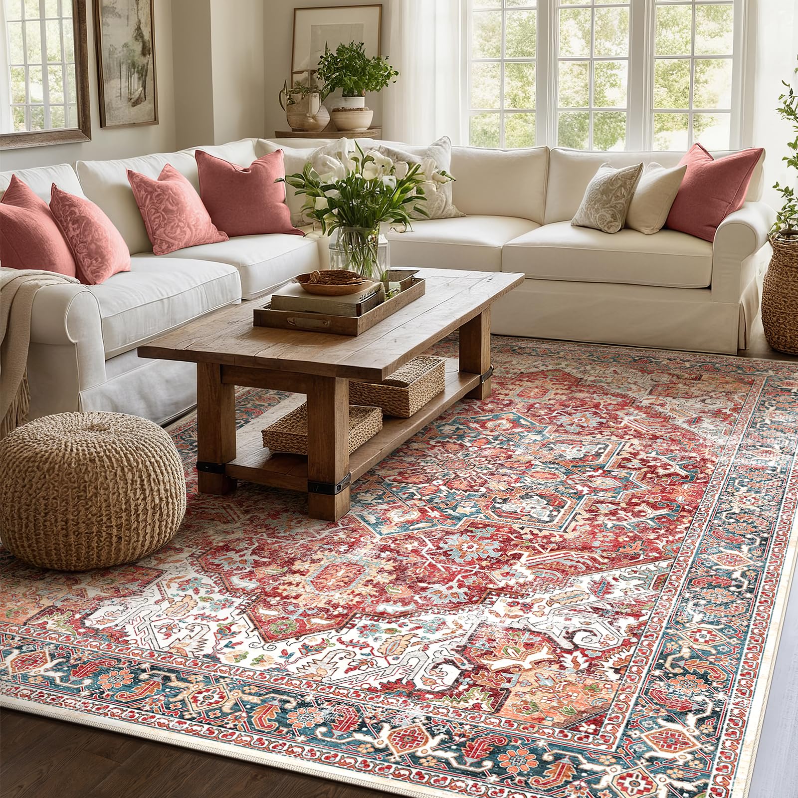 XSIVOD Living Room Rug, Orange/Red Washable Area Rugs for Bedroom, Non Slip Vintage Rugs for Dining Room Home Office, Soft Low Pile Floral Rug Accent Floor Carpet for Home Decor, 150 x 210 cm