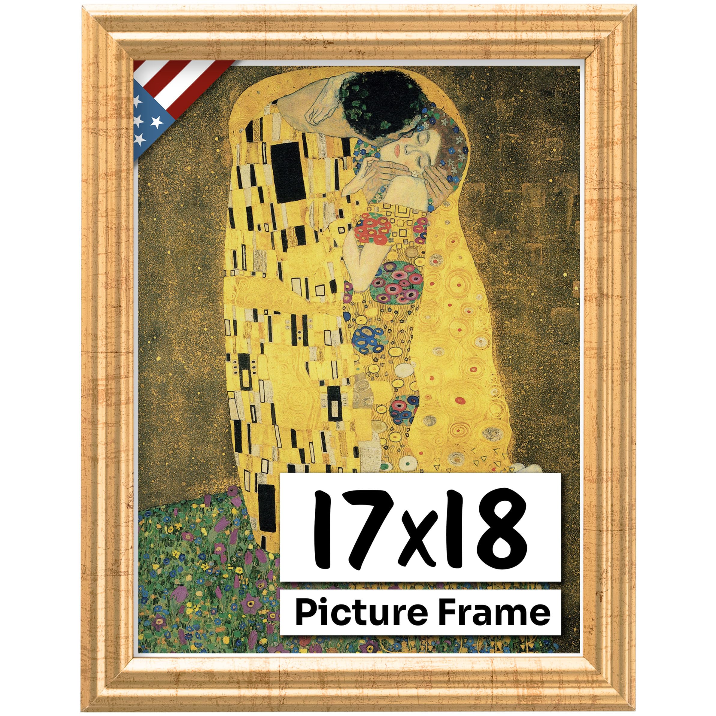 US Art Antique Gold 17x18 Picture Frame .75" Inch Wide - Gold Wall Decor Handmade Solid Wood Frames with Preinstalled Hangers and UV Blocking