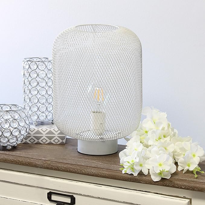 Simple Designs Simple Designs LT1072-WHT Metal Mesh Industrial Table Lamp, White photo 2