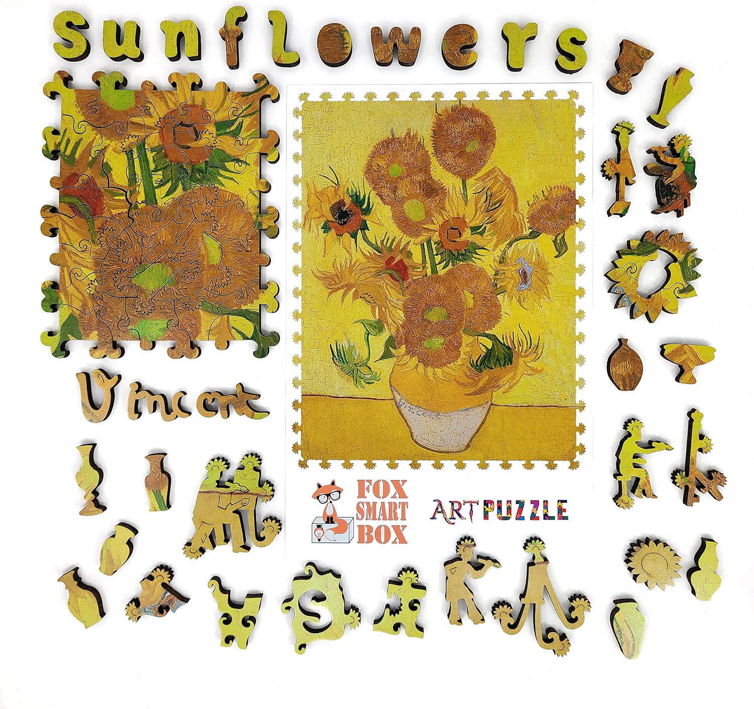 Wooden Jigsaw Puzzle for Adults - Uniquely Shaped Pieces - Made in The USA by FoxSmartBox - 170 Pieces - Sunflowers (4th Version)