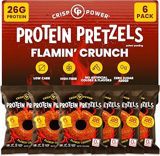 CRISP POWER Protein Pretzels, NEW Flamin' Crunch, 26G Protein, High Protein Snack, High Fiber, Low Carb Crunchy Pretzel Snacks, No Added Sugar, 1.75 oz Bags, 6 Pack, Vegan, Keto