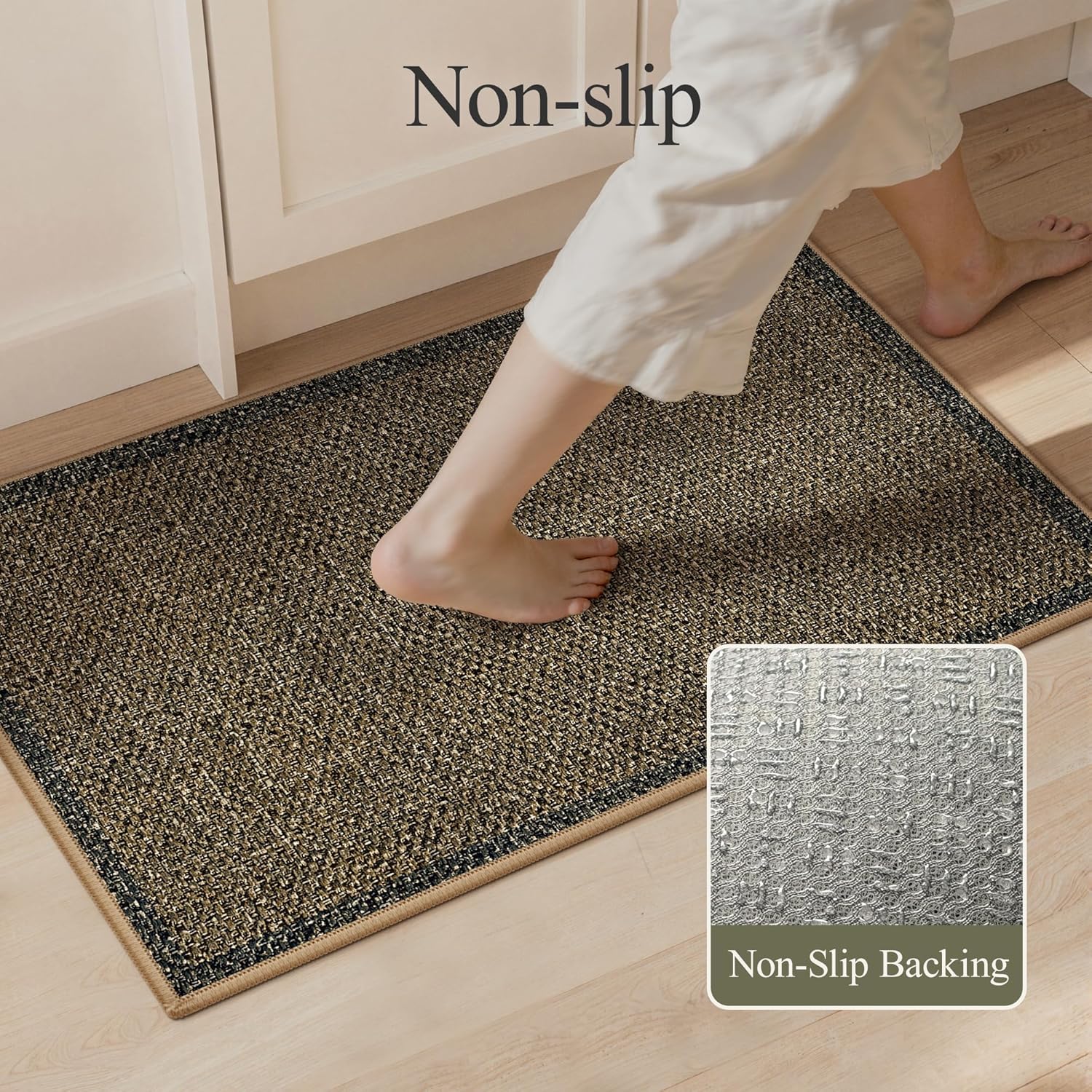 GENIMO Kitchen Rugs Non Slip Washable, Absorbent Kitchen Mats for Floor, Cushioned Comfort Standing Kitchen Runner Rug for Sink, Office, Laundry, Entryway, Home, 17.3"x59"+17.3"x30", Brown Border