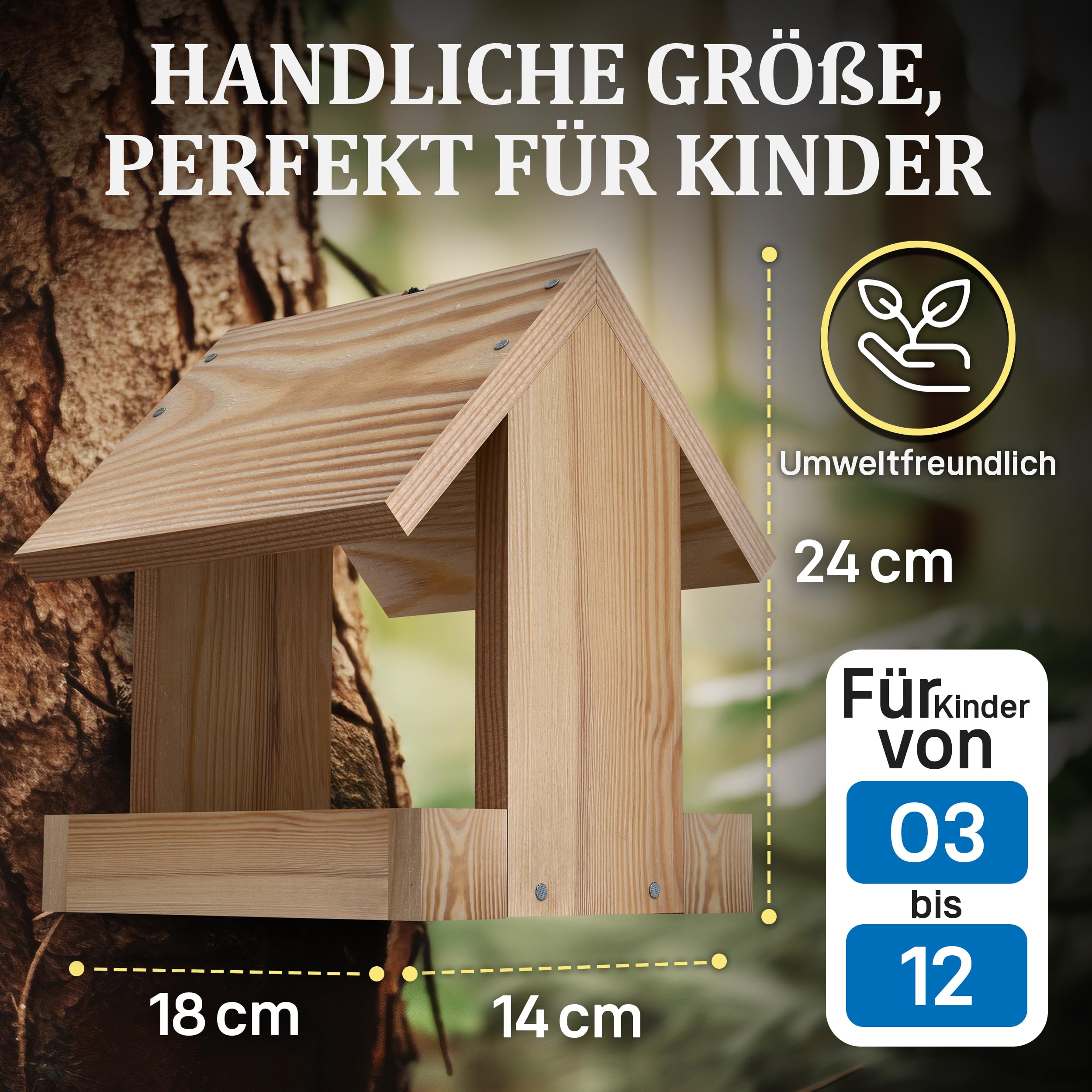 Eli® Vogelfutterhaus Bausatz für Kinder aus Kiefernholz zum bemalen inkl. 6 Farben - Pinsel - Hammer - kreative Schablonen - Vorlagen und Nägel - Nistkasten