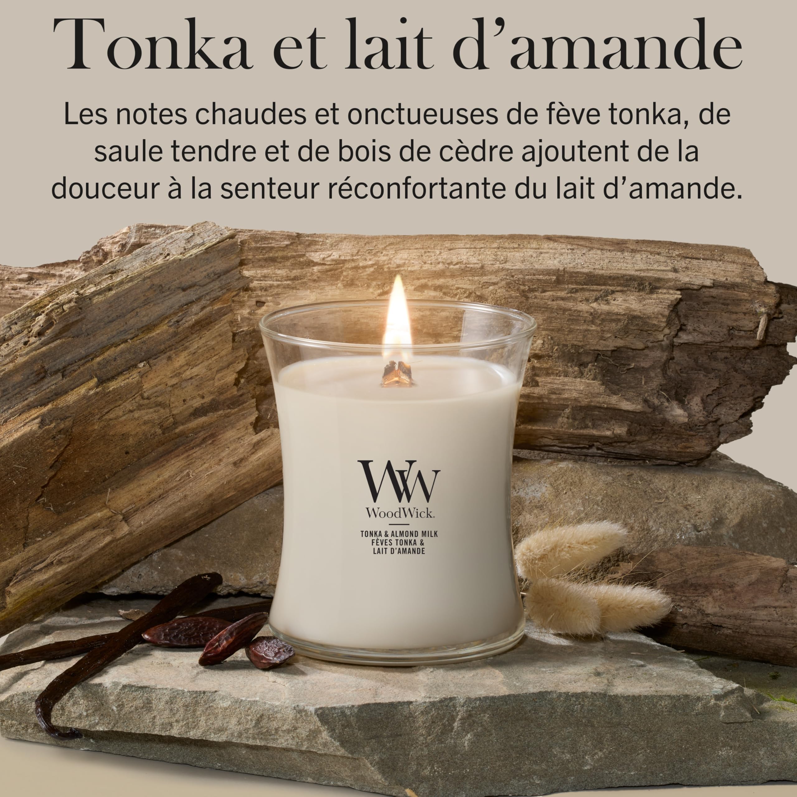 WoodWick Bougie parfumée | Bougie sablier moyenne | Tonka et lait d'amande | Cadeaux parfaits pour femmes
