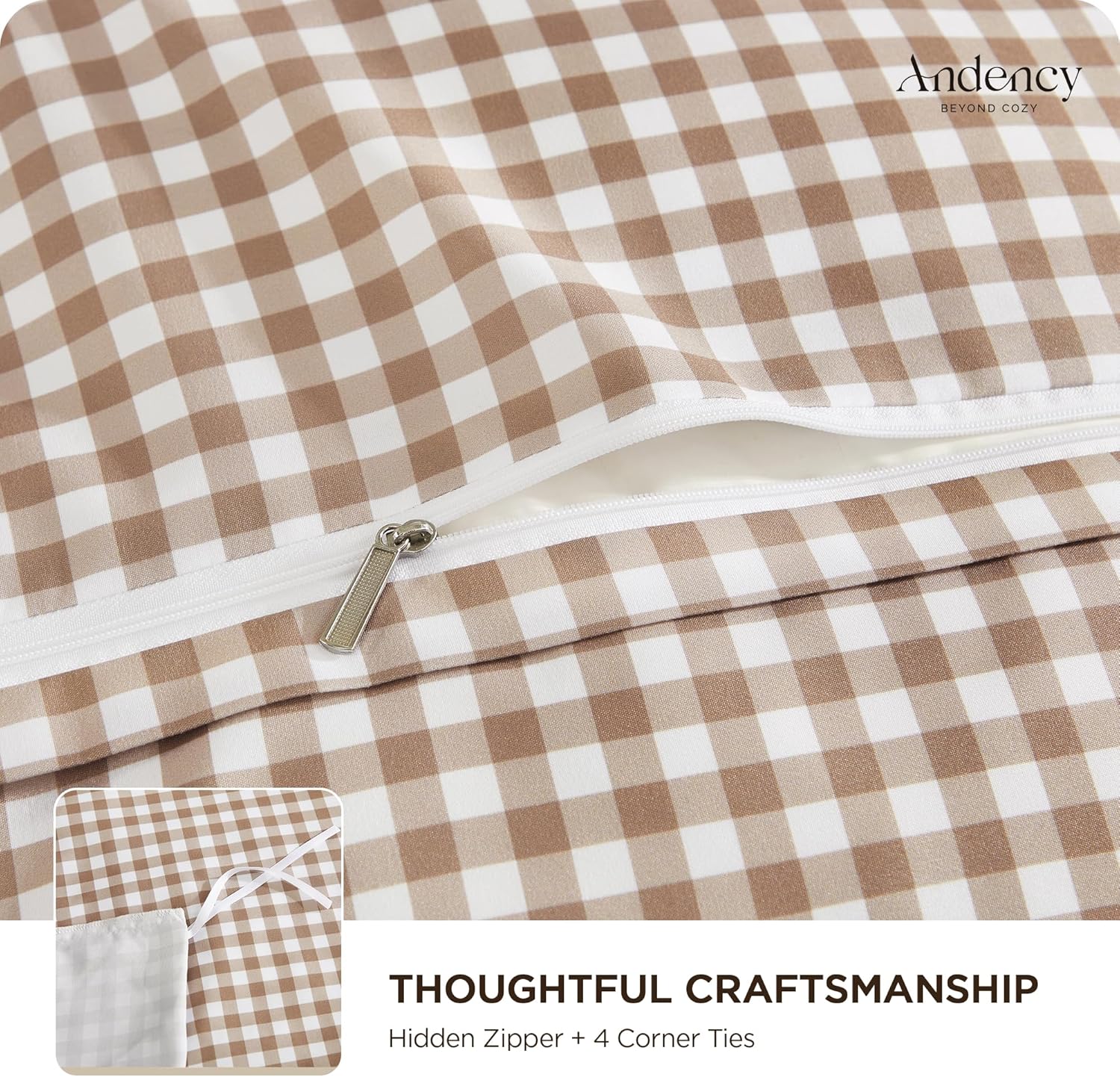 Andency Gingham Duvet Cover Queen Size, Tan Brown Checkered Plaid Bedding Set, 3 Pieces Soft Prewashed Polyester Comforter Cover with Zipper Closure & Corner Ties